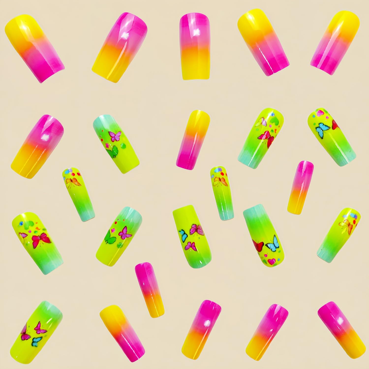 24Pcs Butterfly Gradient Nails, Glitter Acrylic Full Cover Coffin Nails - Medium Press ons, Ballet Tip Design - Image 3