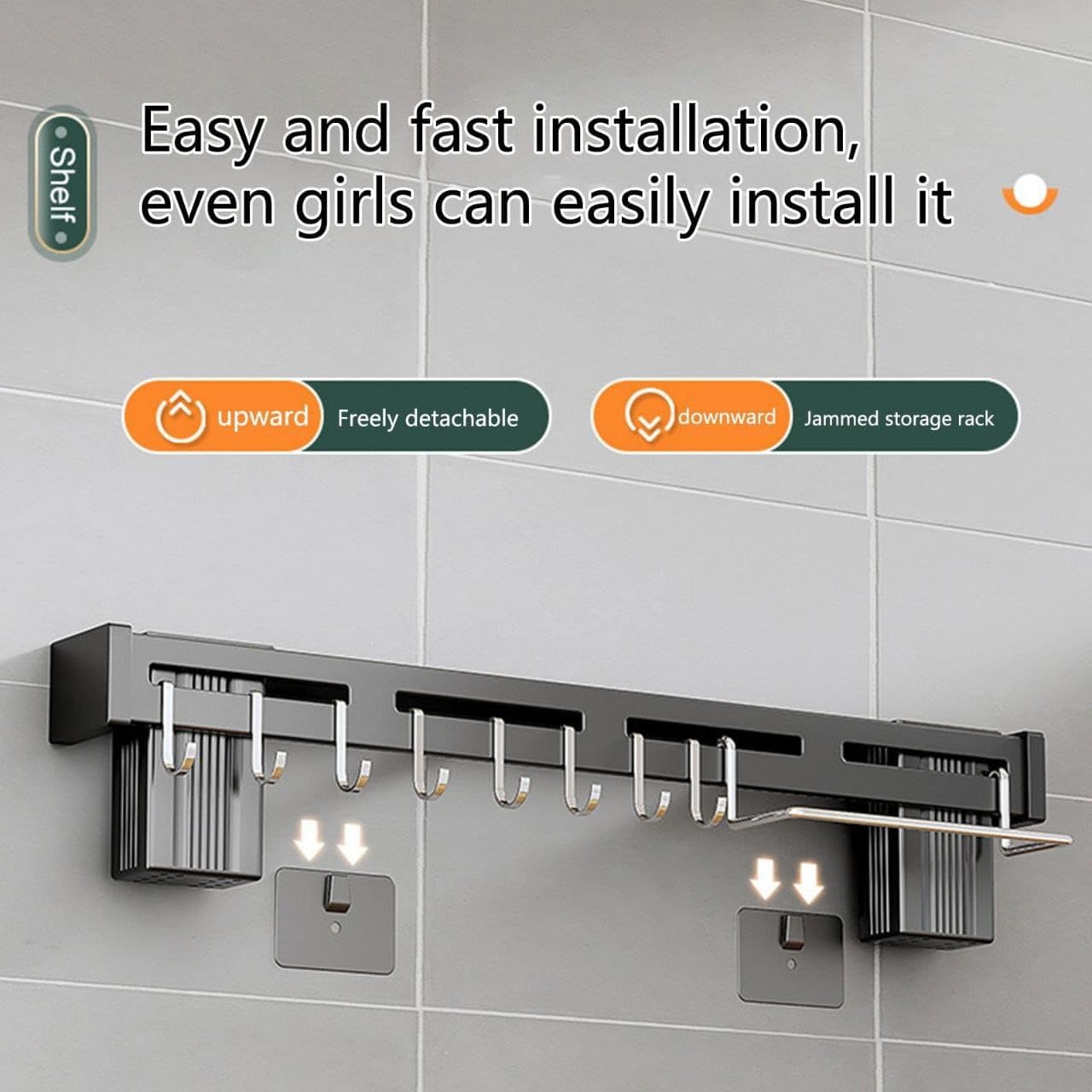 Modern Wall-Mounted Storage Rack, Black Metal, Detachable Design, Easy Installation, Multi-Hook Organization System for Bathroom Kitchen (1, black) 3