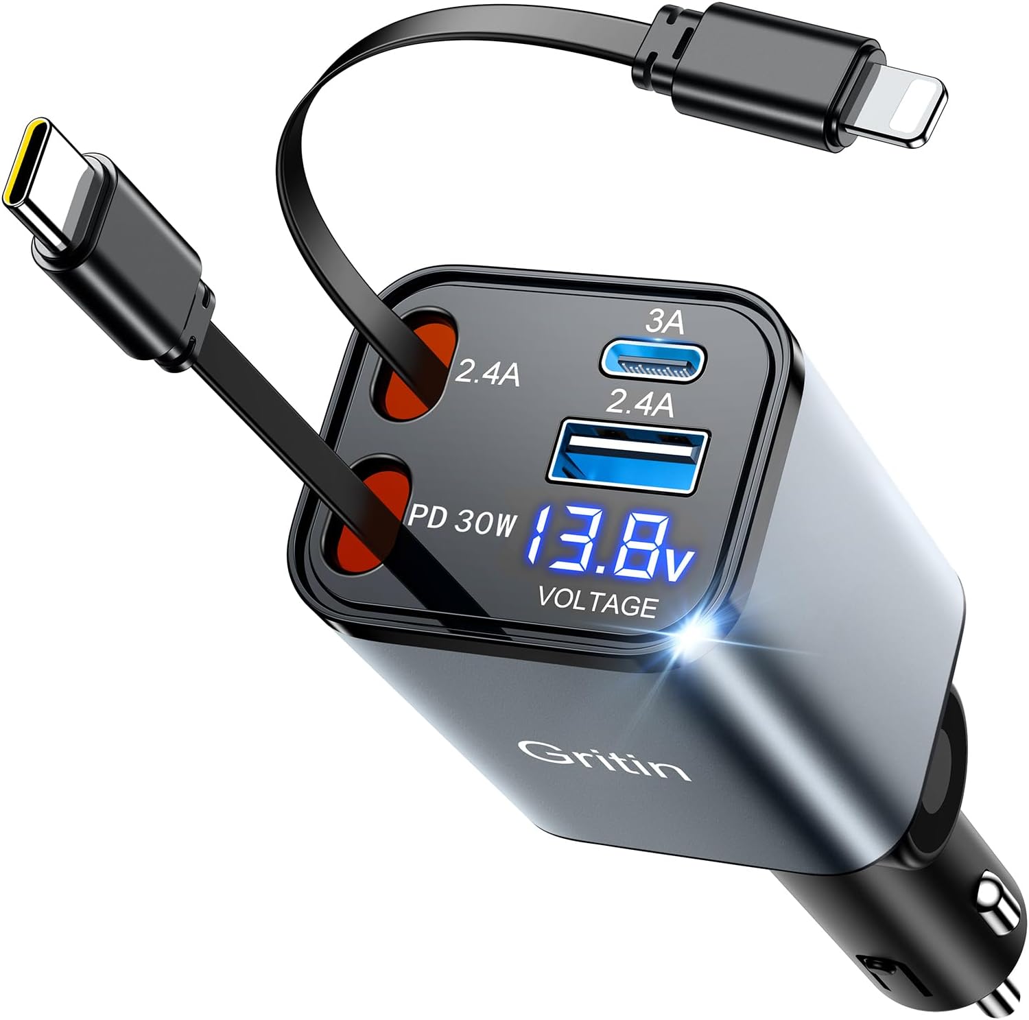 Gritin Cargador de Coche Retráctil, Cargador de Coche Rápido PD 3.0 de 69W, Adaptador de Cargador de Coche 4 en 1 con Cable Retráctil de 80cm y 2 Puertos USB Compatible iPhone 16/15/14/13/12/11/iPad/Galaxy/Android