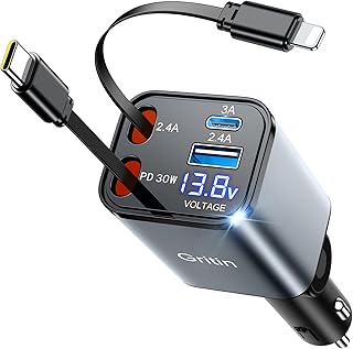 Gritin 4 in 1 Cigarette Lighter USB C 69 W Car Charger Adapter Car 12 V, Camping Motorhome Car Accessories, Travel Essentials with Voltage Display, Car Accessories for iPhone 16/17 Pro Max Plus