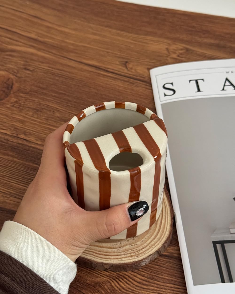 Coffee Mug Espresso Cup 10oz Ceramic Coffee Mugs Porcelain Coffee Cup Hand-Painted Striped Art Multiple Use for Kitchen, Dining-Brown image 5