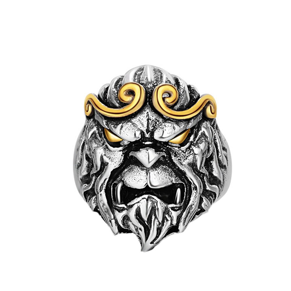 XCFS BEAUTY 925 Sterling Silver Vintage Golden Hoop King Monkey Head Men's Open Band Ring,Adjustable