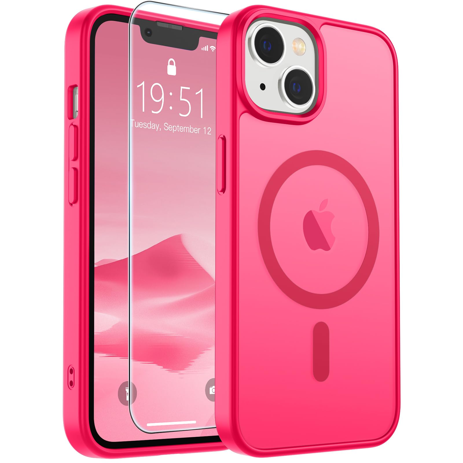 SUPFINE Magnetic for iPhone 14 Plus Case/iPhone 15 Plus Case Hot Pink | With Screen Protector, Translucent Matte, Compatible with MagSafe, Military Grade Drop Proof, Rugged Shockproof Protective