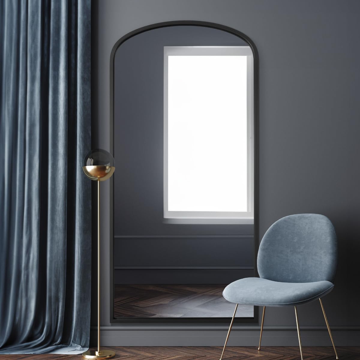 MirrorOutlet The Angustus - Black Metal Framed Modern Shallow Arched Wall and Leaner Mirror 67" X 33" (170CM X 85CM) Black. 2cm Wide Frame and 3cm Deep.…