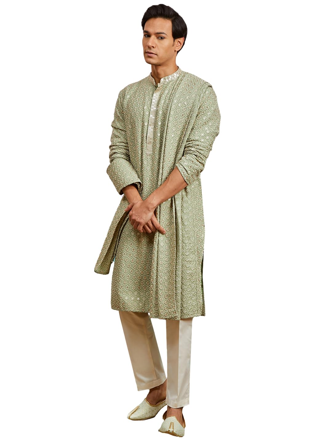 VASTRAMAY Men VASTRAMAY Men’s Pista Green Rayon Kurta, Pyjama And Dupatta Set. VASTRAMAY Men VASTRAMAY Men’s Pista Green Rayon Kurta, Pyjama And Dupatta Set.