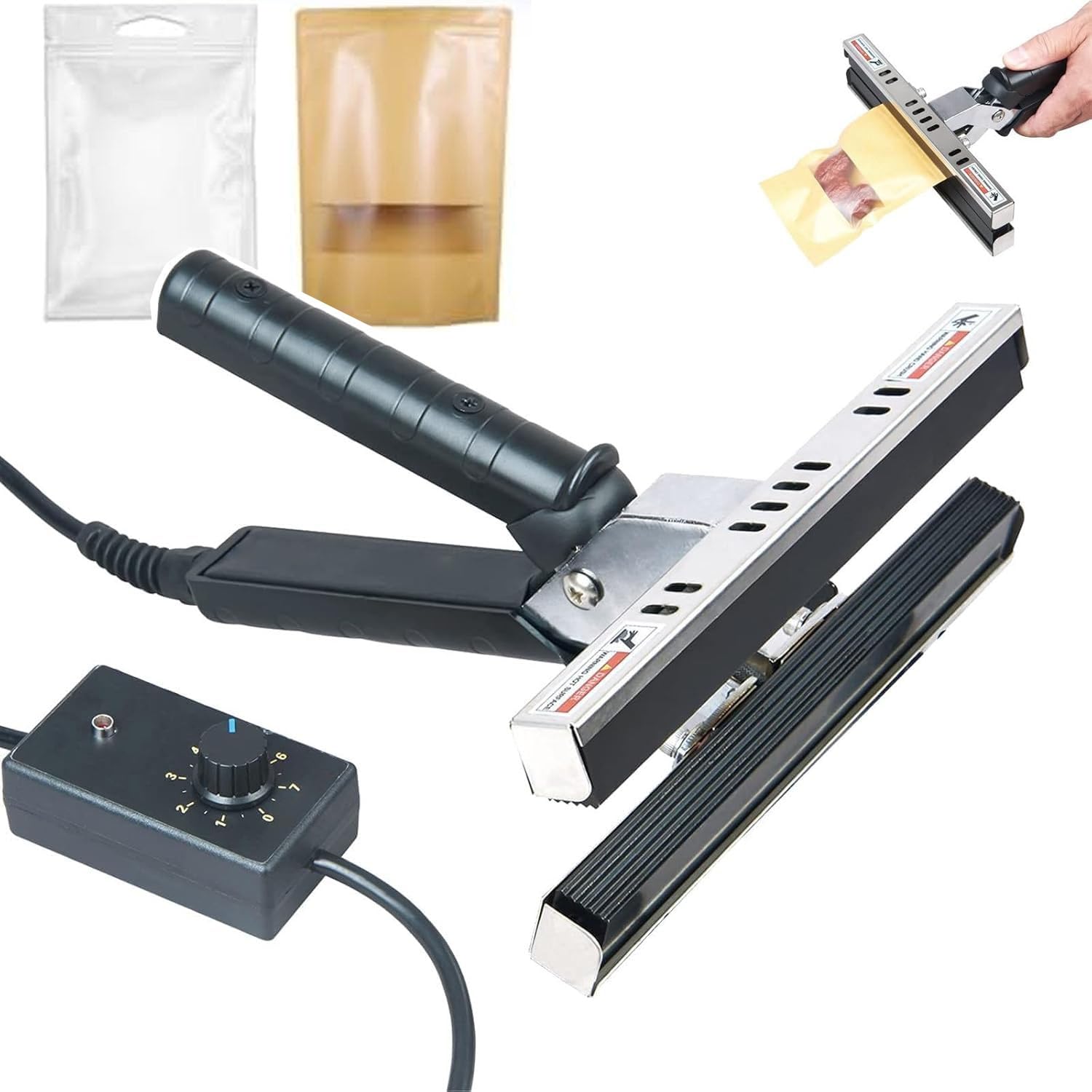Sigillante per sacchetti termosaldanti, pinza manuale con riscaldamento su entrambi i lati, lunghezza 200 mm, larghezza 15 mm, 7 temperature regolabili per sacchetti in alluminio, kraft, mylar