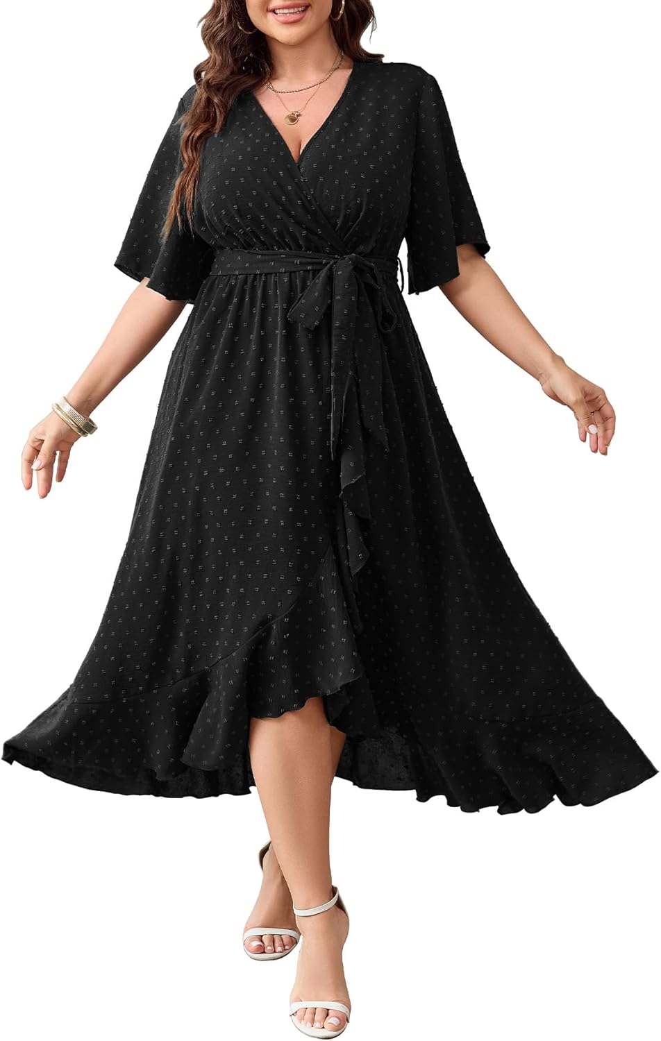 SCOMCHIC Women's Plus Size Summer Dresses Short Sleeve Wrap V Neck Swiss Dot Boho High Low Split Ruffle Maxi Dress