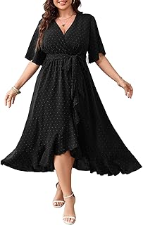 Women's Plus Size Summer Dresses Short Sleeve Wrap V Neck Swiss Dot Boho High Low Split Ruffle Maxi Dress - Buy now