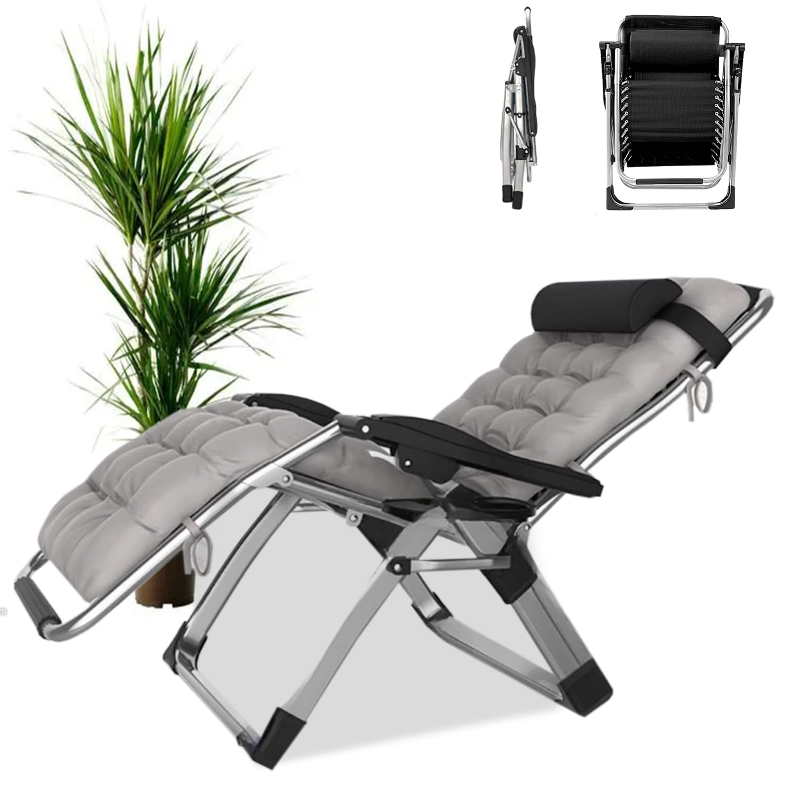 Sedia da Giardino Pieghevole con portabicchiere, reclinabile e Traspirante per Uso Esterno e Interno, con Cuscino Grigio, Set da 1