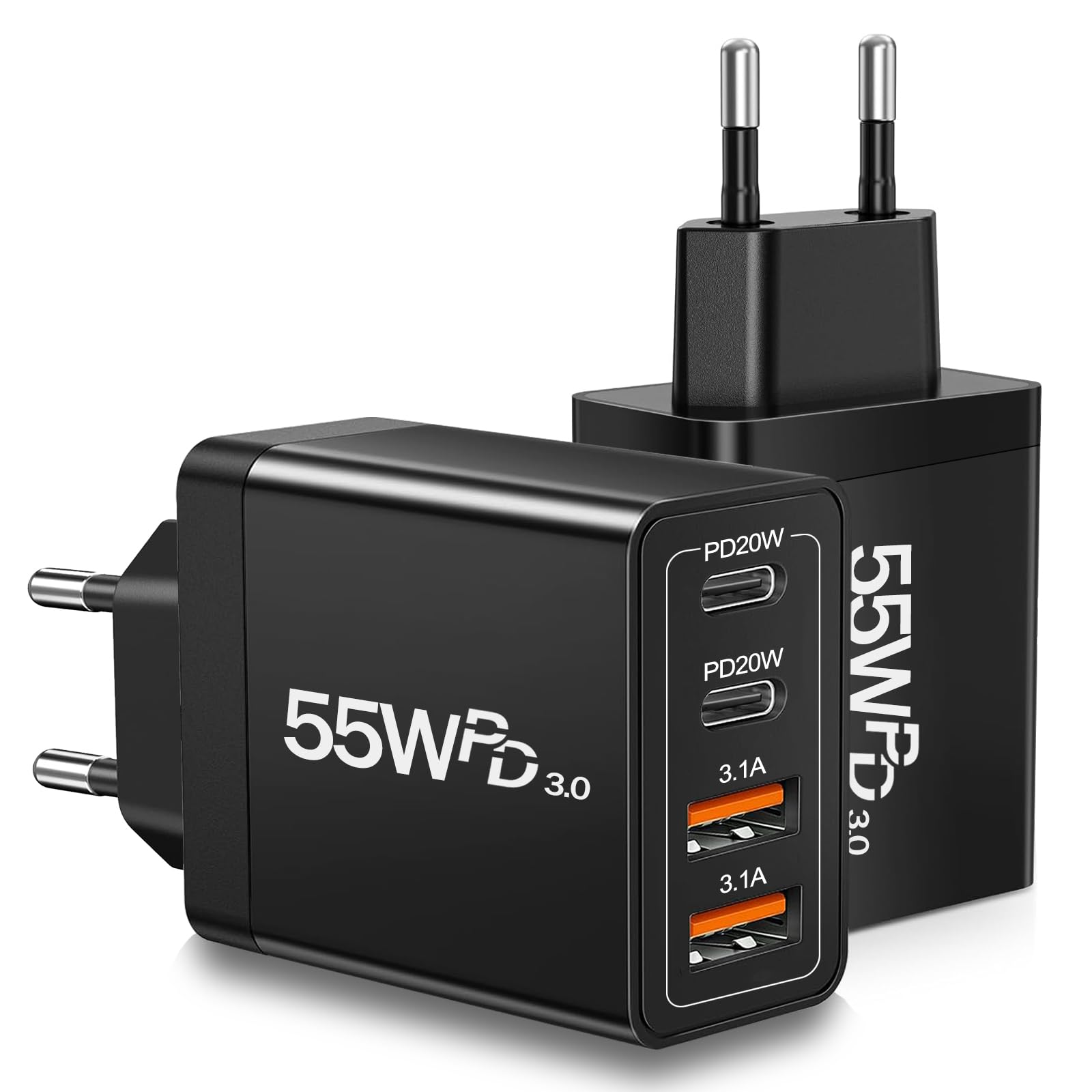 55W European Travel Plug Adapter 2 Pack, European USB C Charger 4-Port Fast Charger Type C Wall Charger USA to Europe Plug Adaptor for iPhone 17 16 15