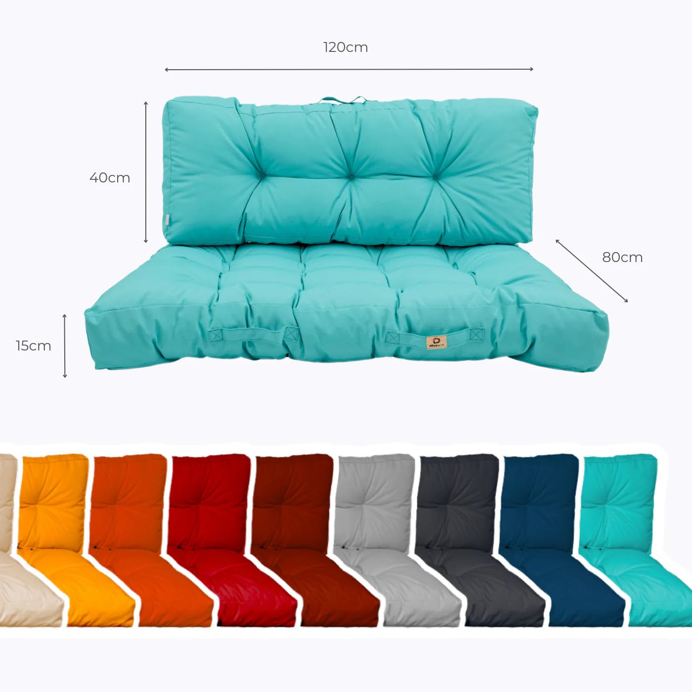Cojines para palets - 120x80cm -Cojines palets de Respaldo y de Asiento - Acolchado, Impermeable y Anti-UV - Azul Caribe - DÉCO Arts