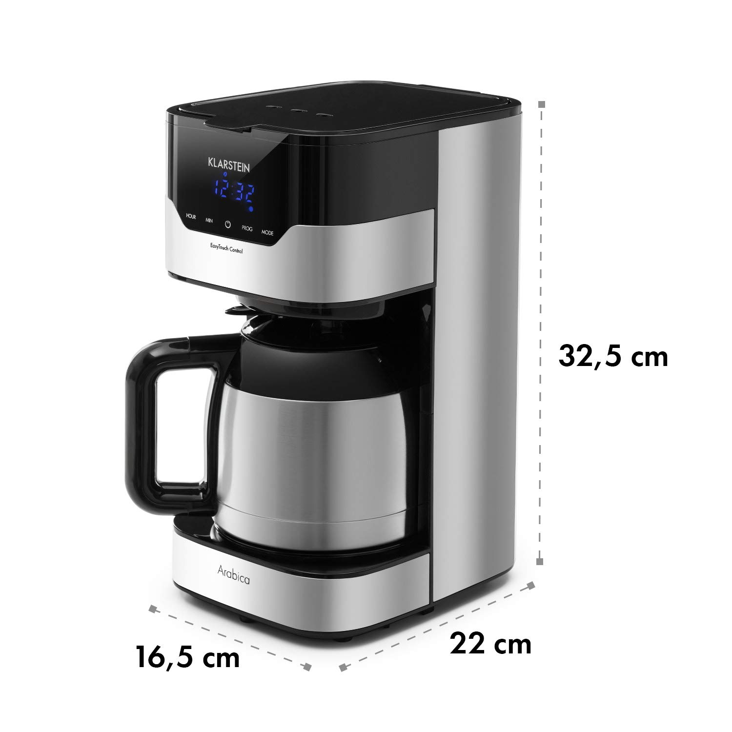 Klarstein Arabica - Cafetera eléctrica de Goteo 800 W, capacidad de 1,2 litros, Intensidad regulable, Pantalla LCD, EasyTouch Control, Acero inoxidable, Negro y plateado