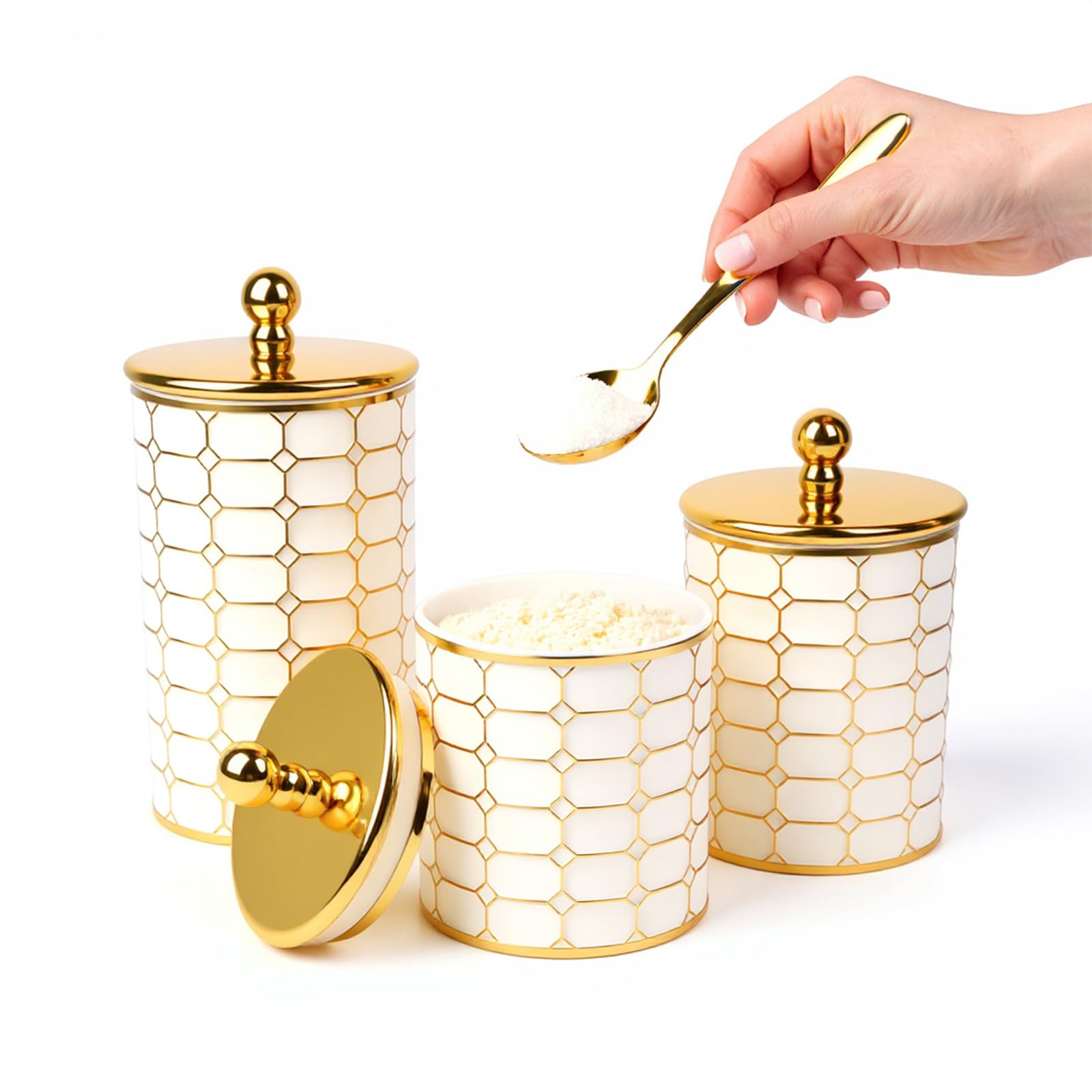 View 1 of BigKing 3 Piece Plastic Canister Set - White & Gold