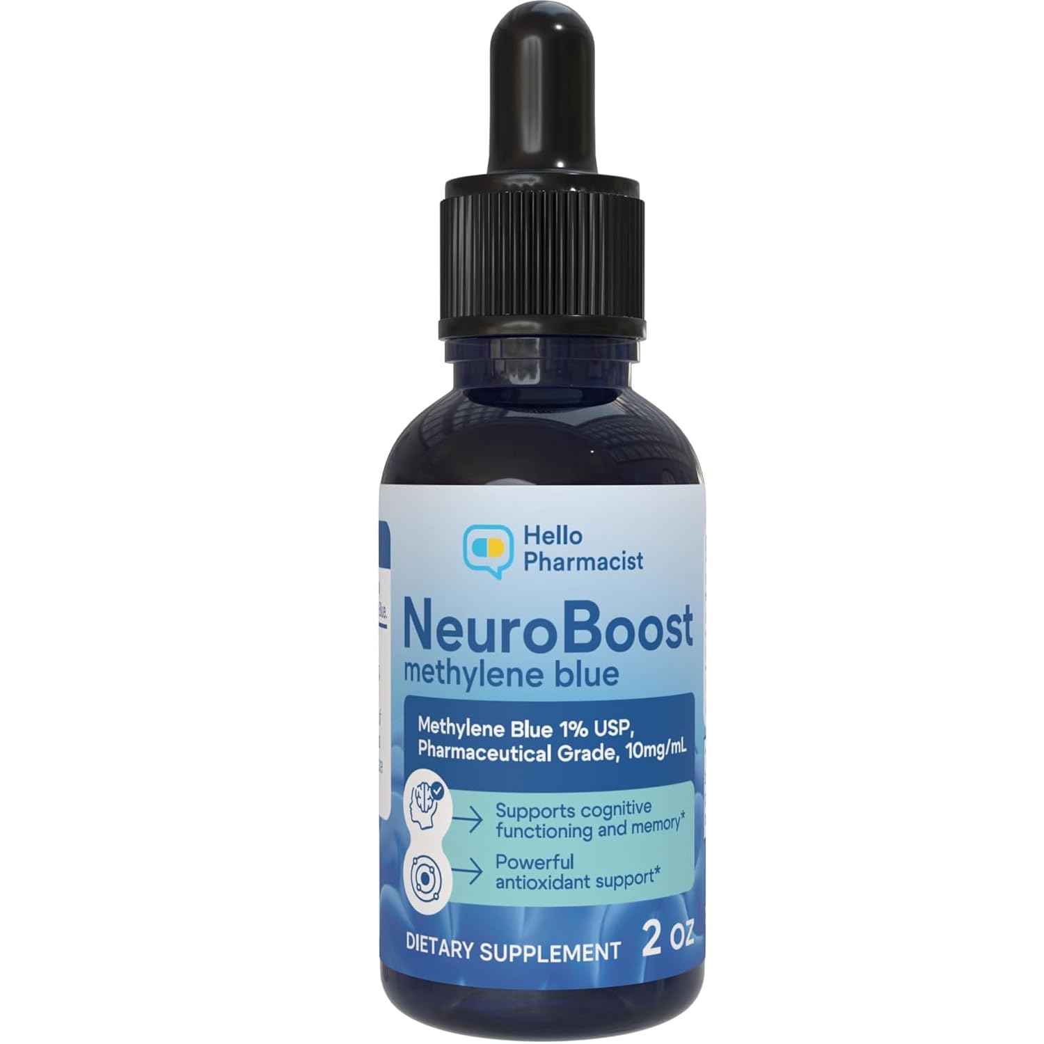 HelloPharmacist NeuroBoost Methylene Blue 1% - 2Oz (60 mL) - Pharmaceutical USP Grade 99.99% Purity - Lab Certified - Made in The USA - 1mL Graduated Dropper (10mg/1mL) - Trusted Brand