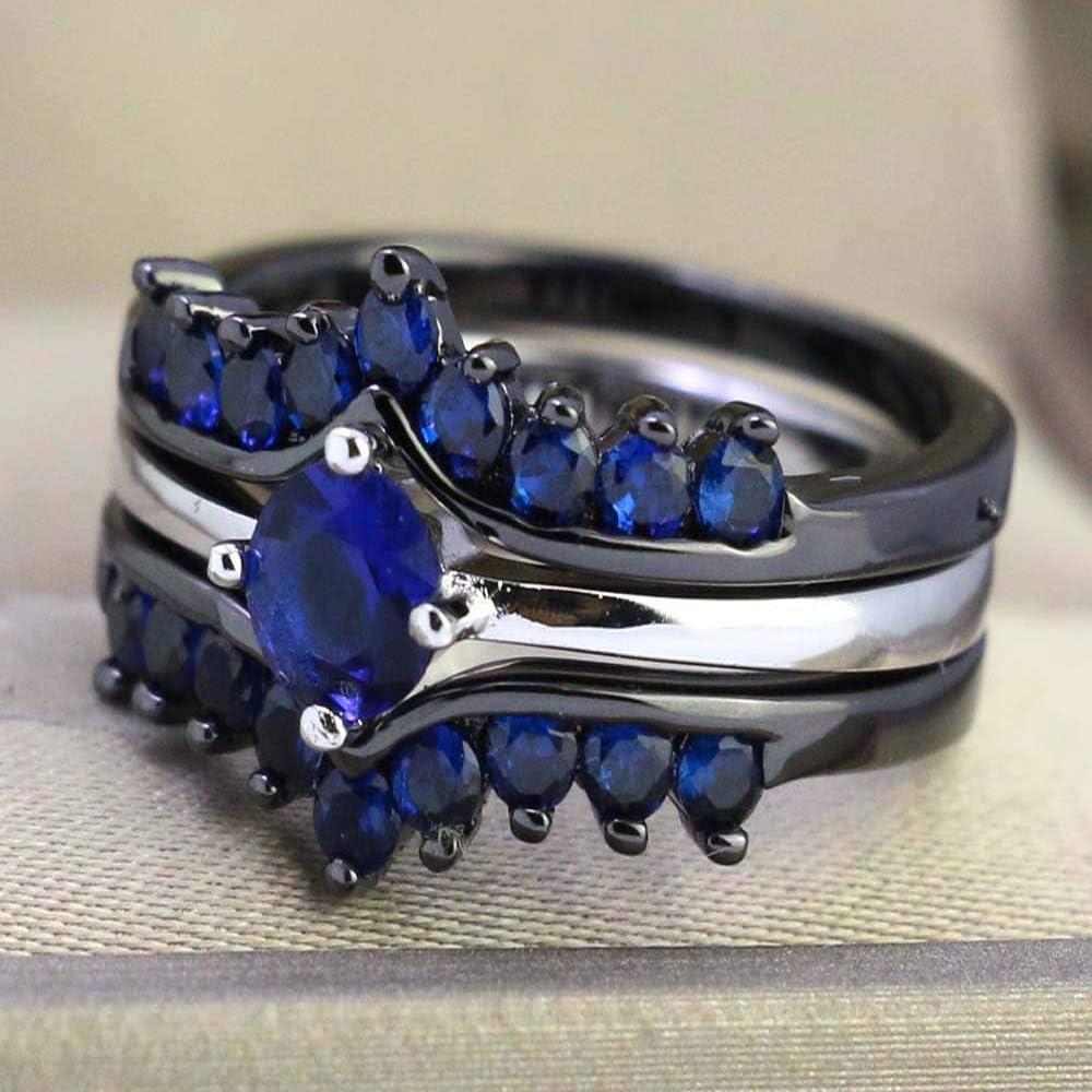 Bridal Sets Black Gold Plated Womens Wedding Bands Blue Cz Engagement Ring Sets - Image 3