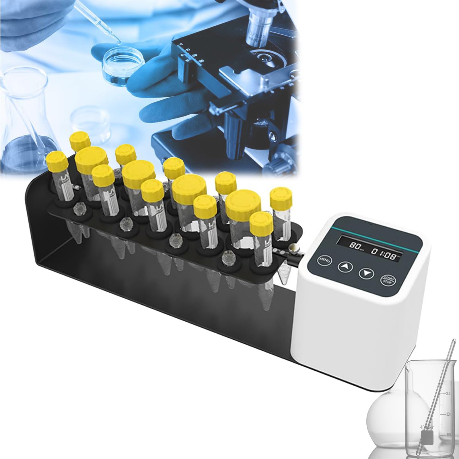 Digitaler Labor-Orbitalschüttler mit langer Achse, Mehrzweckoszillator, einstellbare Drehzahl 20-80 U/min, mit Zeitschaltuhr, geeignet für: 2/5/10/15/50 ml (Reagenzgläser/Zentrifugenröhrchen