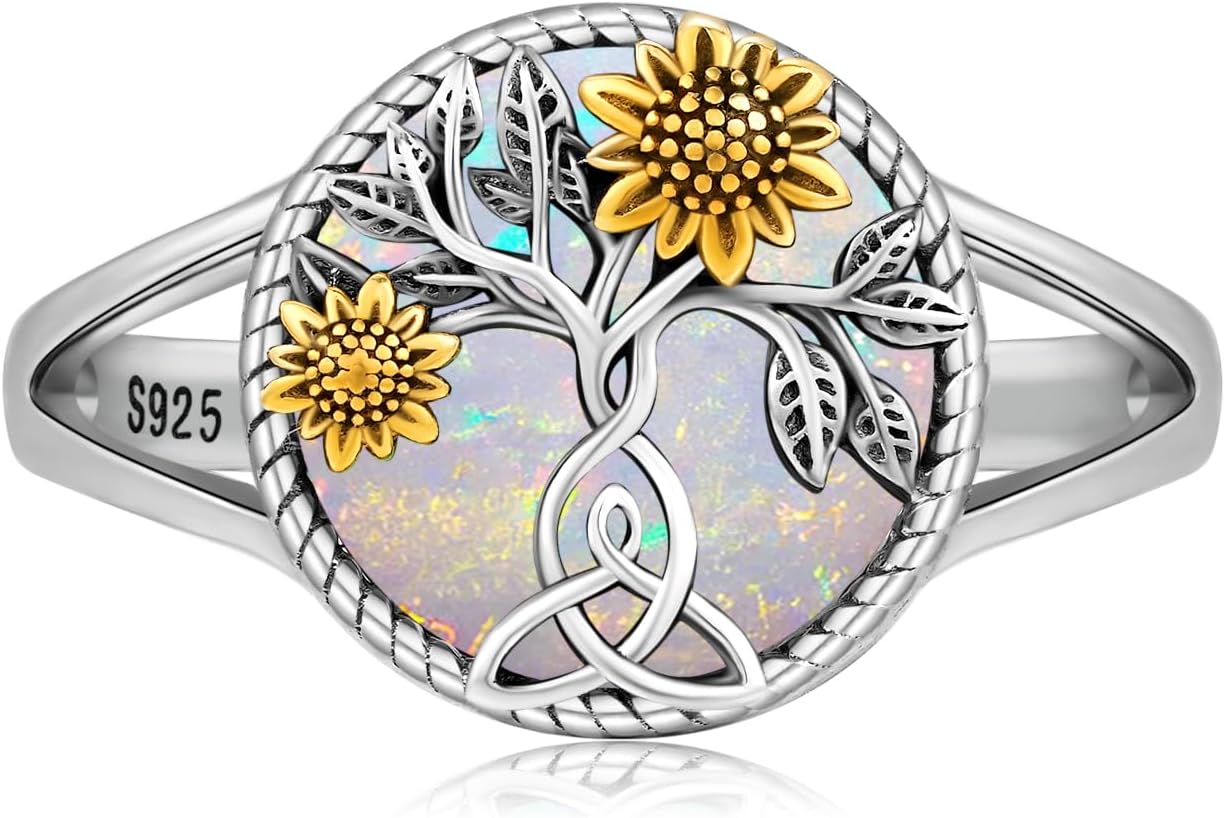 CHENGHONG Sunflower Ring for Women 925 Sterling Silver Opal Sunflower Ring Sunshine Flower Jewelry Gifts for Mom