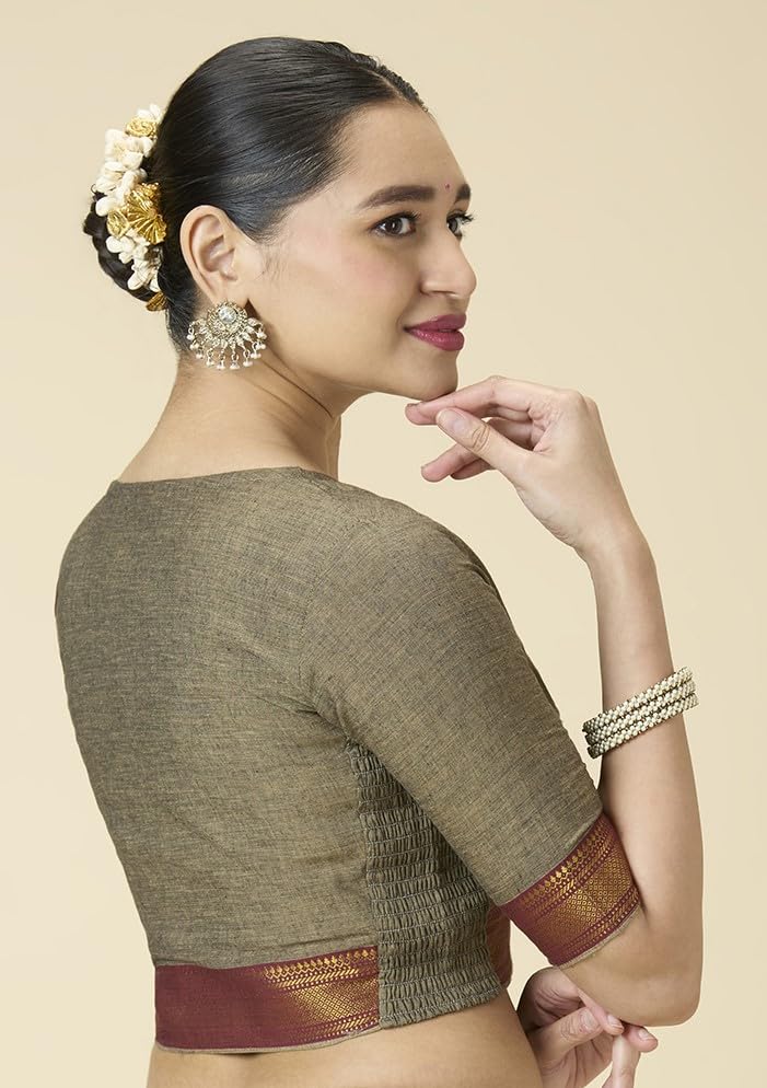 Image of Studio Shringaar Women's Handloom Cotton Stretchable (Smocked) Saree Blouse with Temple Zari Border