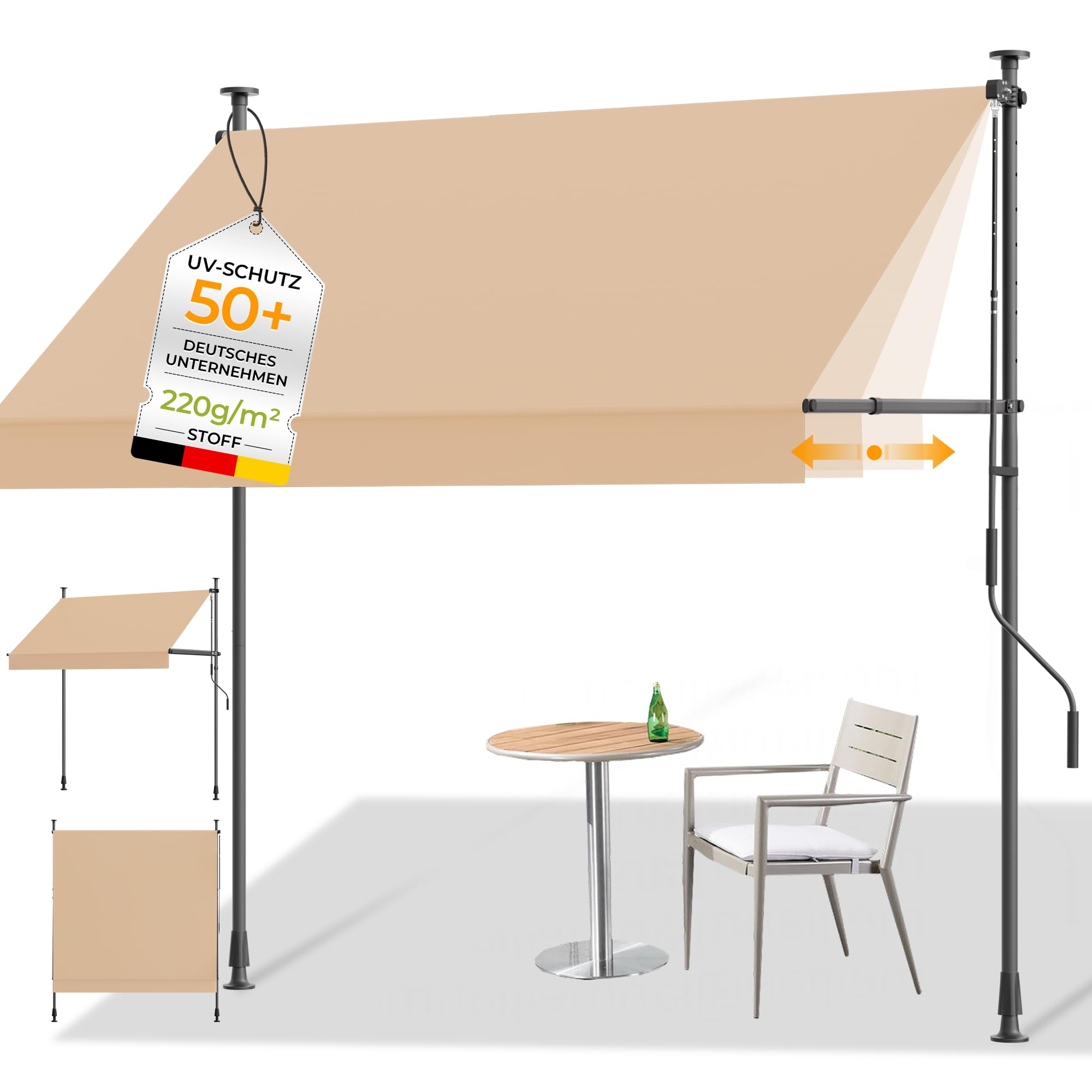 HOMEDEMO Klemmmarkise mit Einstellbare Handkurbel, Balkonmarkise ohne Bohren, Markise Sonnenschutz, UV-beständig & höhenverstellbar für Outdoor, Terrasse, Balkon, Garten, Khaki, 300 x 125-150 cm