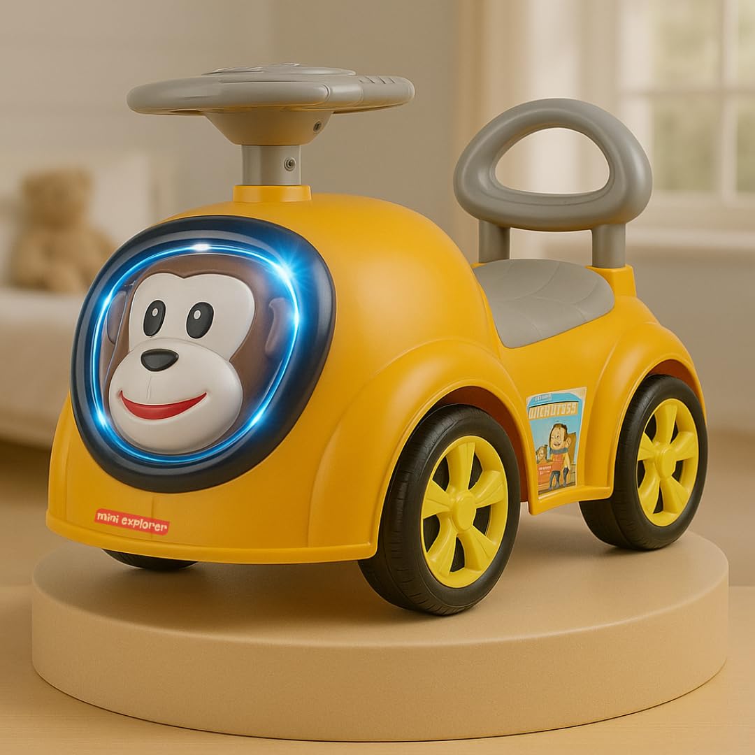 MiniExplorer Monkey Ride-On Toy Car for Kids | Push Ride Car with Music, Horn, Backrest, Safety Guard, Under Seat Storage & Big Wheels | Baby Ride-On for 1-3 Years Boys & Girls - Yellow