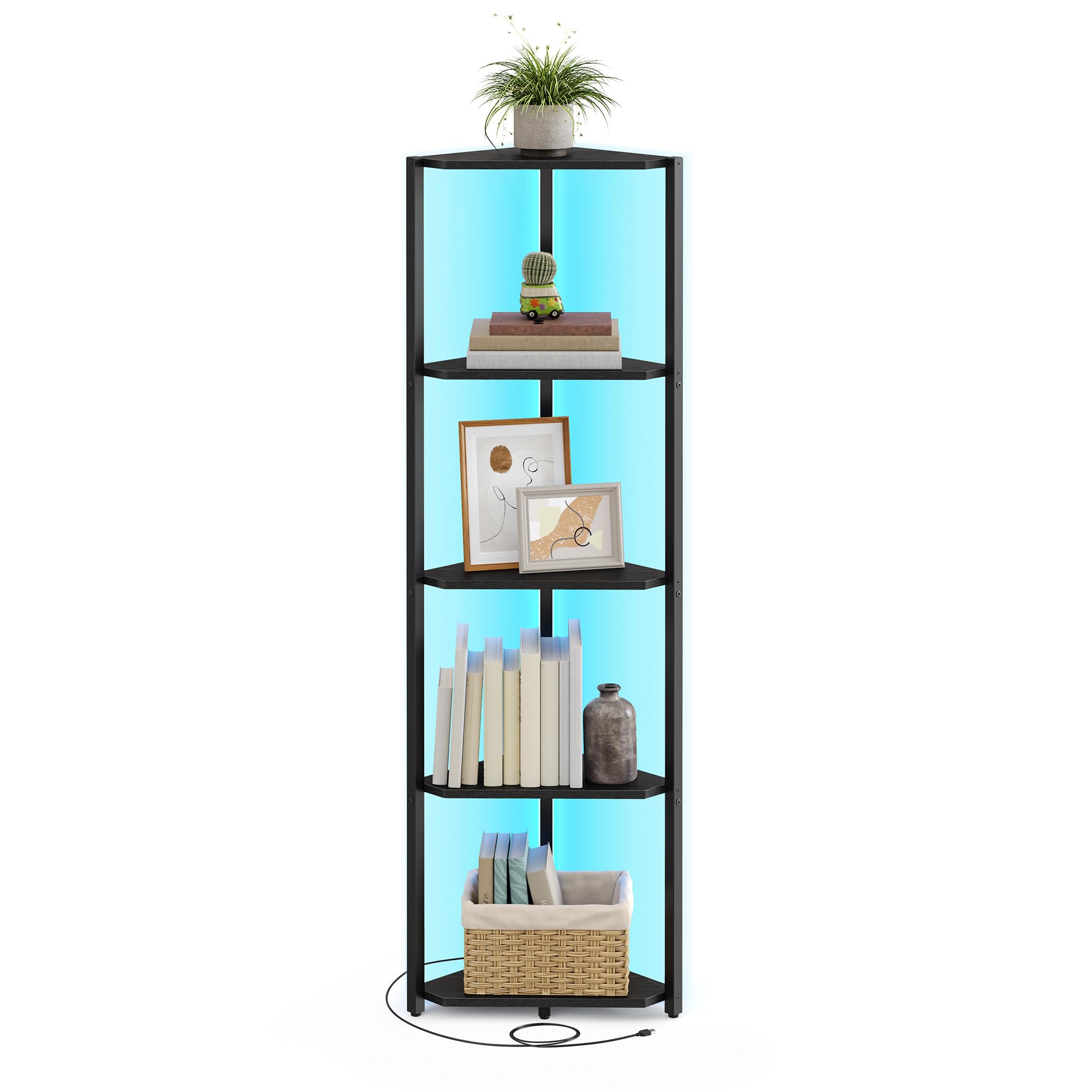 5-Tier Corner Shelf with Adjustable LED Lights, Ebony Black
