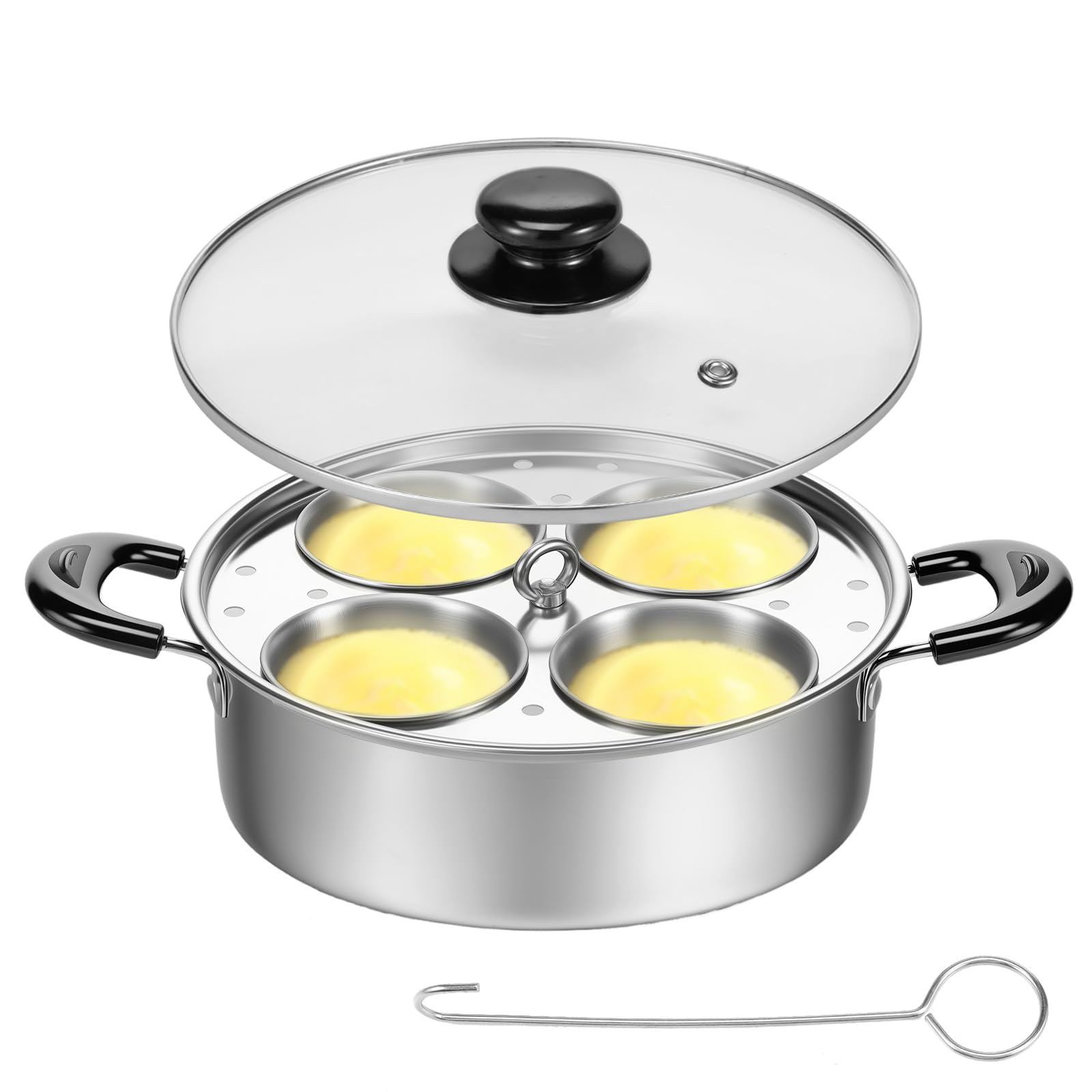 Egg Poacher Pan Stainless Steel Poached Egg Maker with 4 Cups Poached Eggs Cooker Pot Multipurpose Stovetop Eggs Poachers Cookware Set with Lid for Induction Cooktop Gas Cooktop