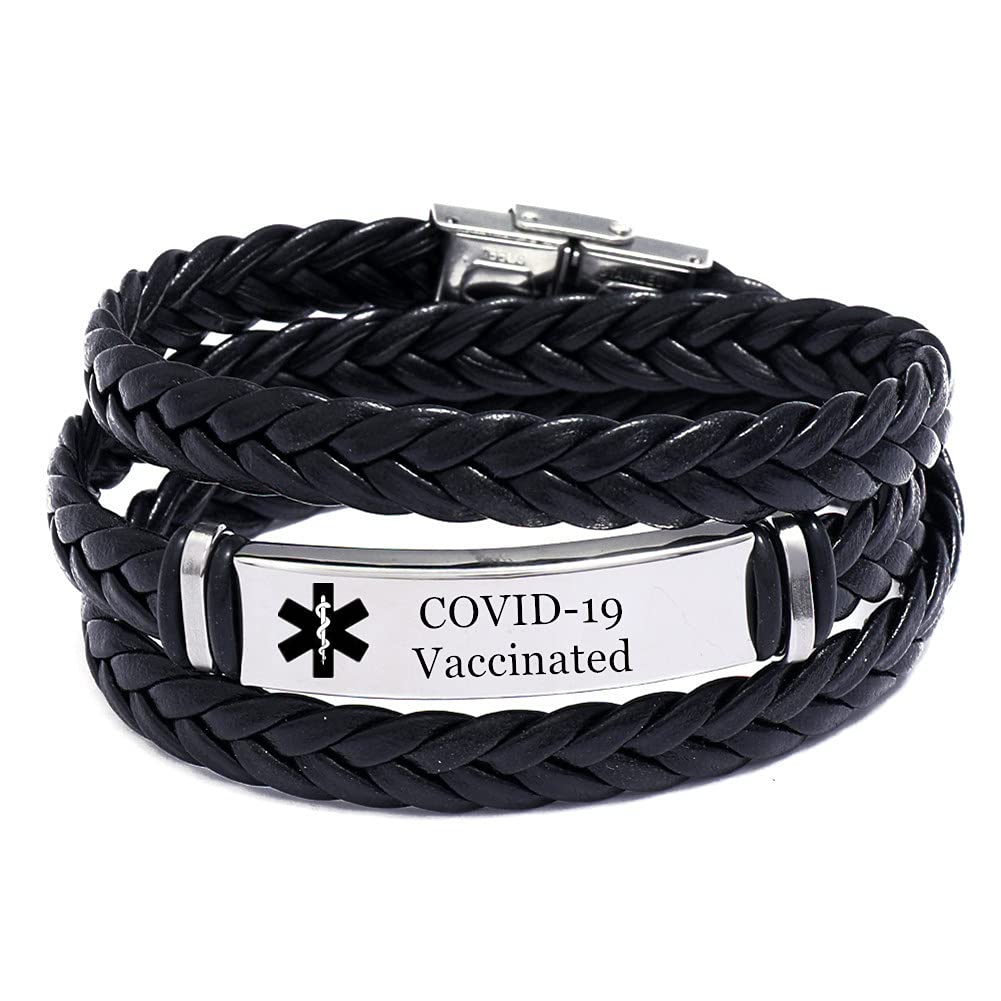 COVID-19 Vaccinated Bracelet Personalized Wrap Leather Medical Alert ID Vaccine Shot Awareness Bangle Vaccination Injection Identification Wristband for Men Women,Pfizer,BioNTech