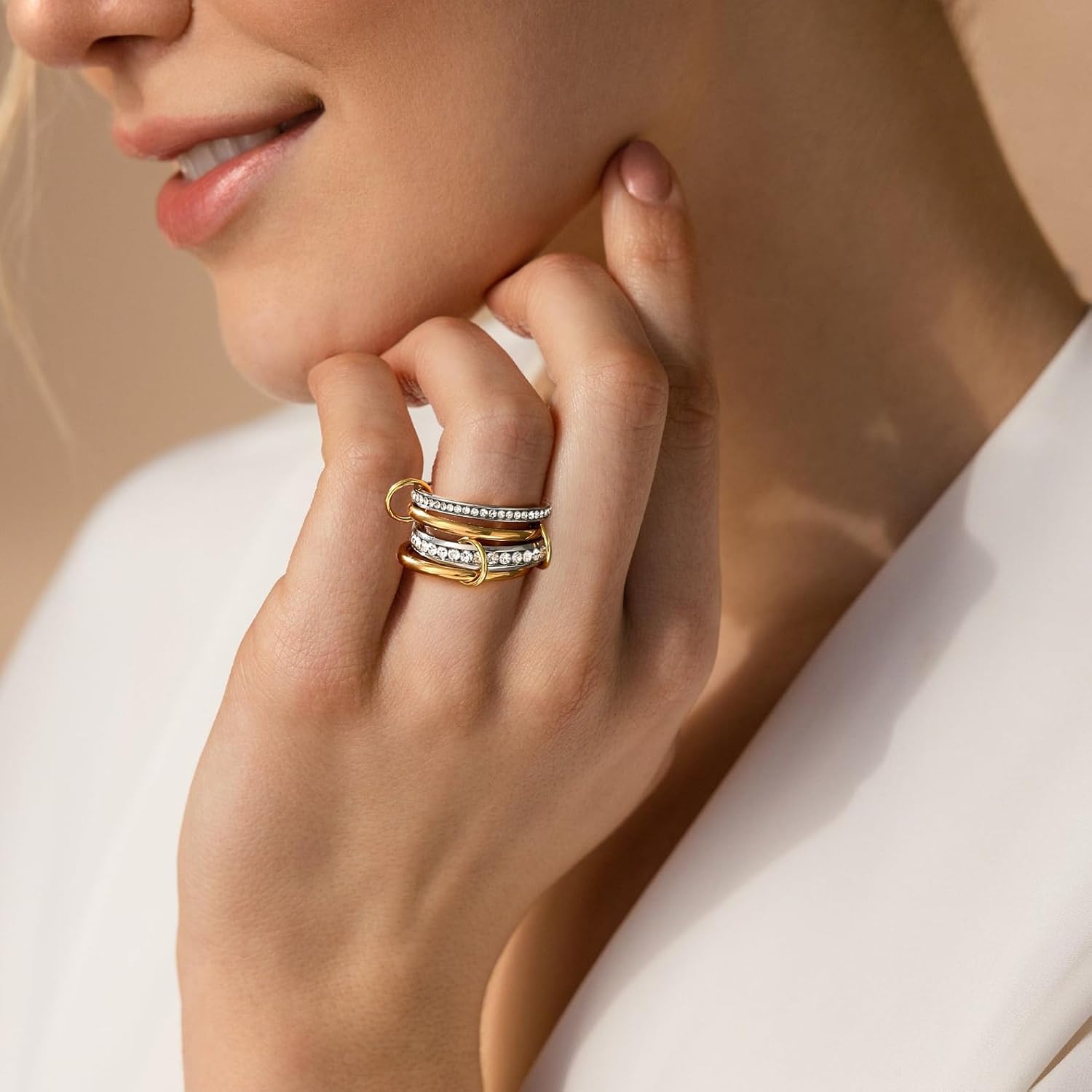 HERSIN Stackable Interlocked Rings for Women Non Tarnish, 18K Gold Plated Cubiz Zirconia Ring Chunky Rings Mixed Metal Multi Ring Dainty Stacking Rings Set Gold Jewelry for Women Gifts - Image 3