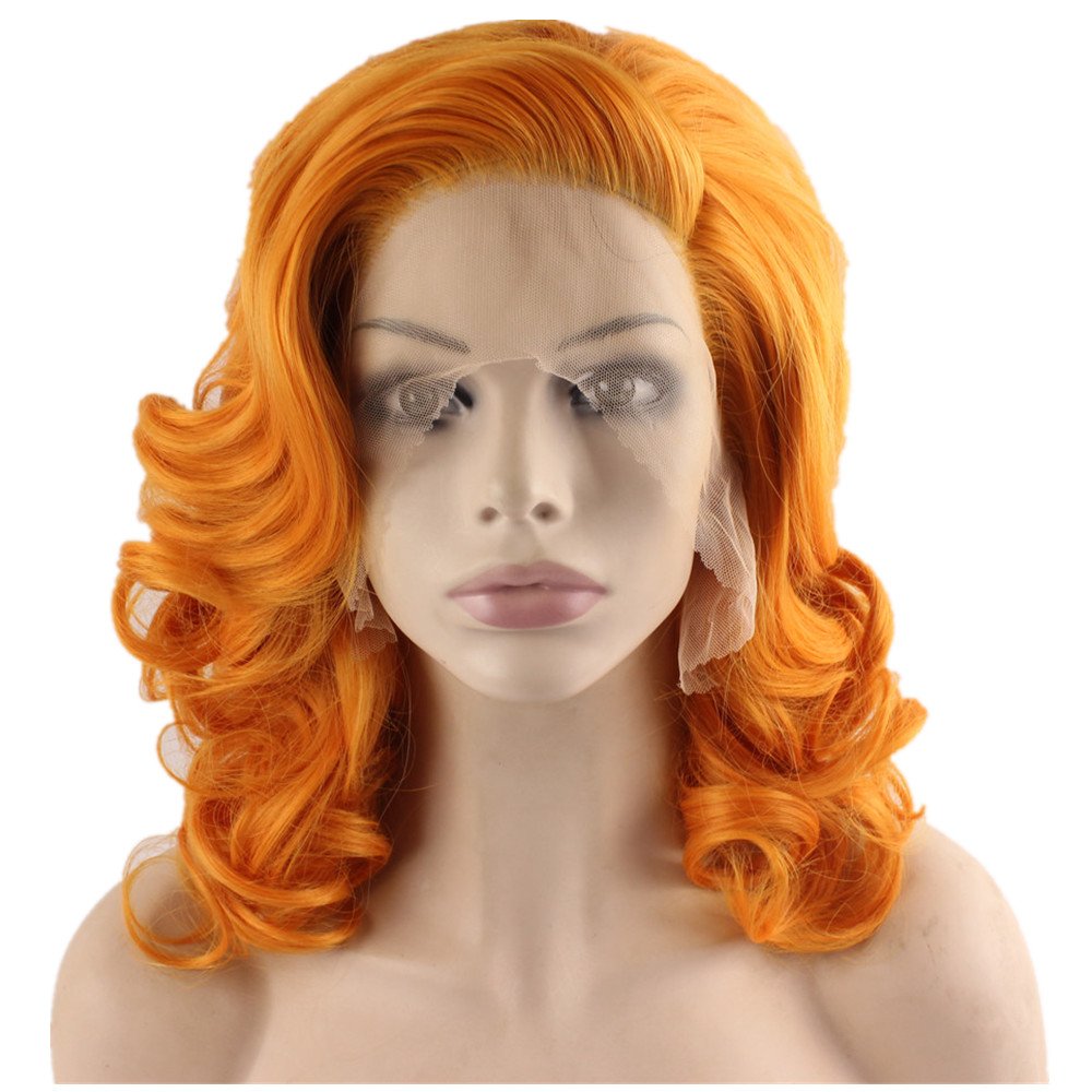Mxangel Medium Long Wavy Heat Friendly Fiber Orange Lace front Cosplay Wig