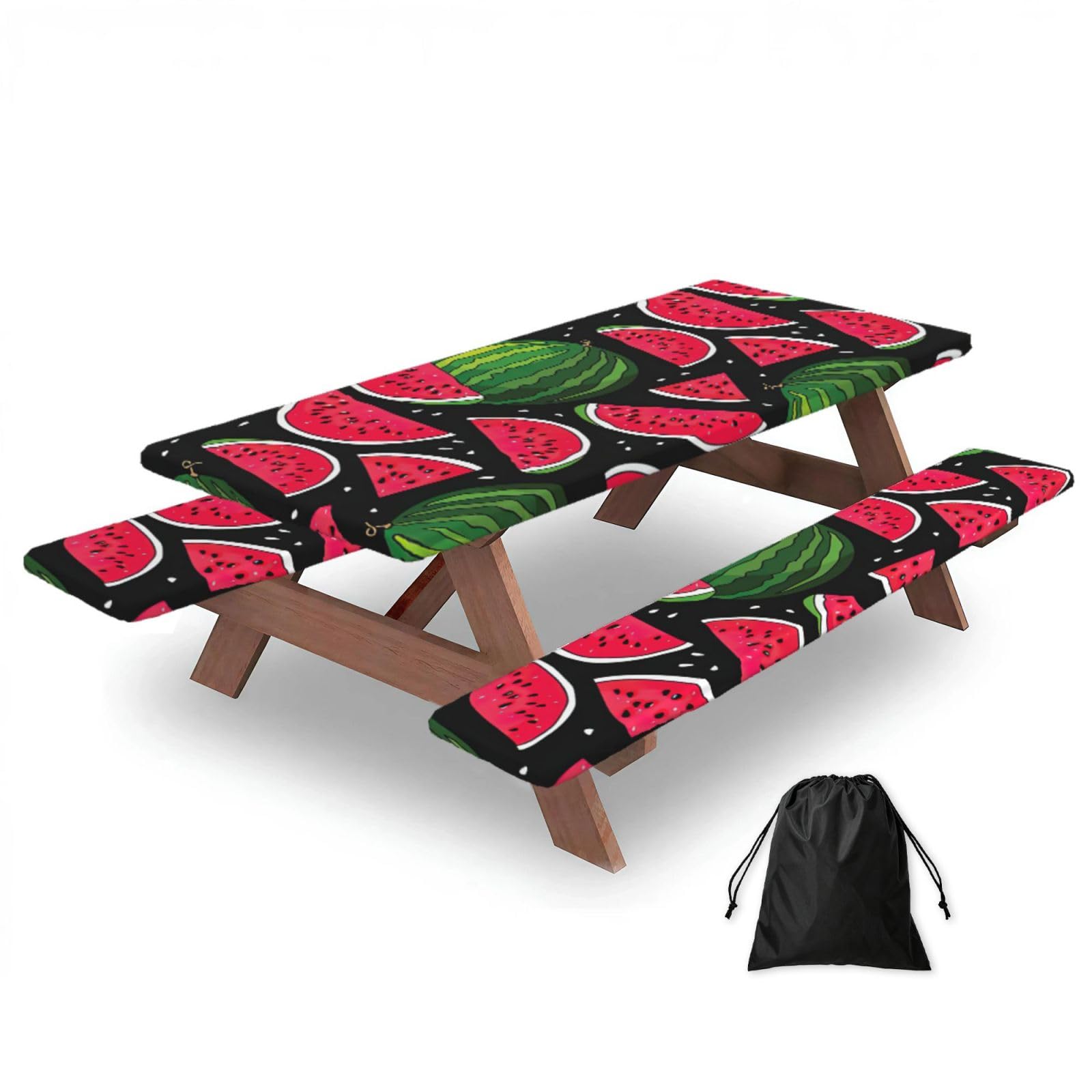 Yqxwjl Black Watermelon Print Camping Essentials Waterproof Camping Table And Bench Cover With Drawstring Bag 183 Cm