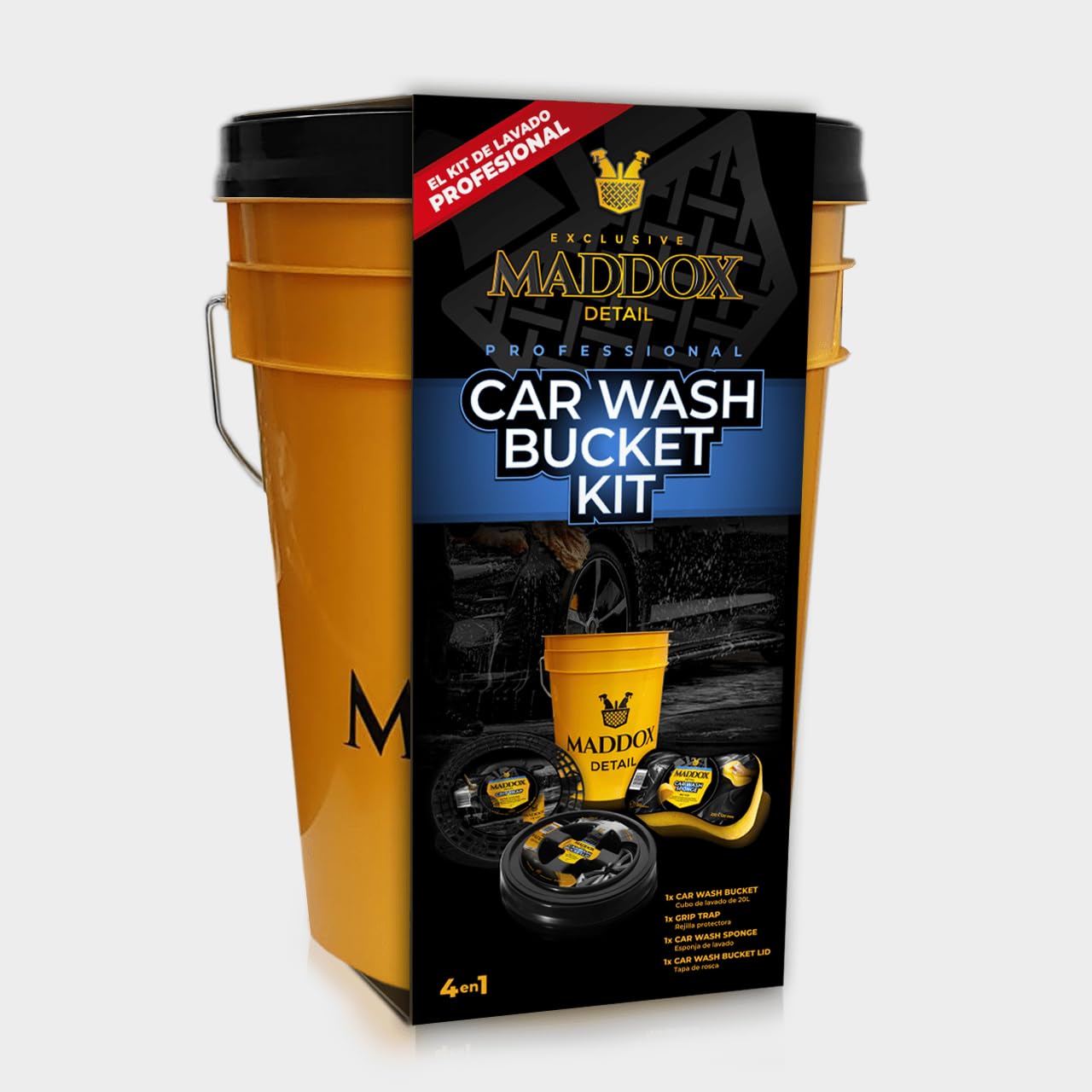 Maddox Detail - Kit Lavado Coche Car Wash Bucket Kit | Incluye cubo, tapa, rejilla y esponja para realizar un lavado completo con mayor seguridad para la pintura. Anti-arañazos