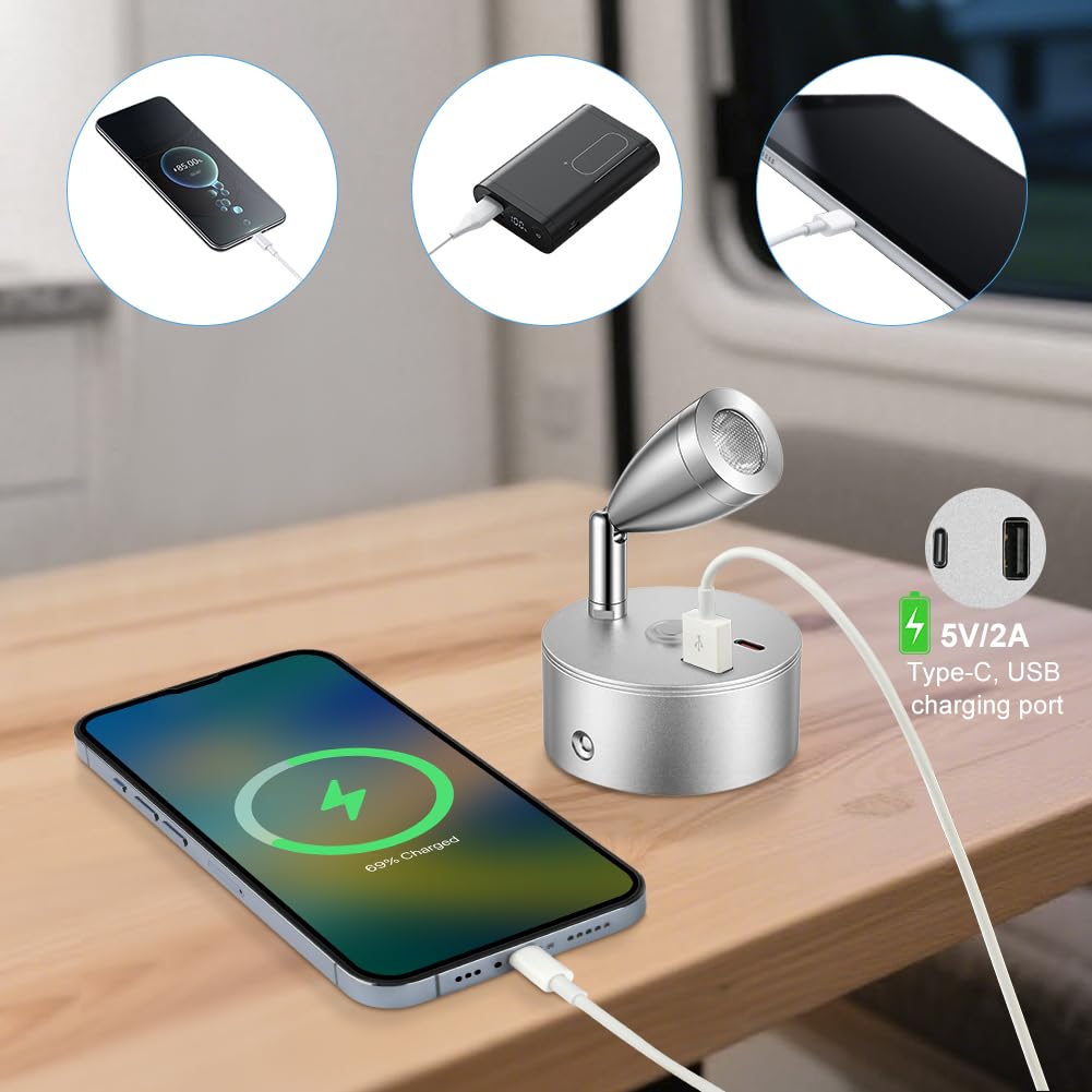 LED Lampes Camping-Car,2PCS Lampe 12V LED Caravane avec 3 Températures de Couleur,12V Lampe de Lecture Lit, Variateur Tactile, Lampes Camping-Car avec Chargeur USB et Type-C(Argent)