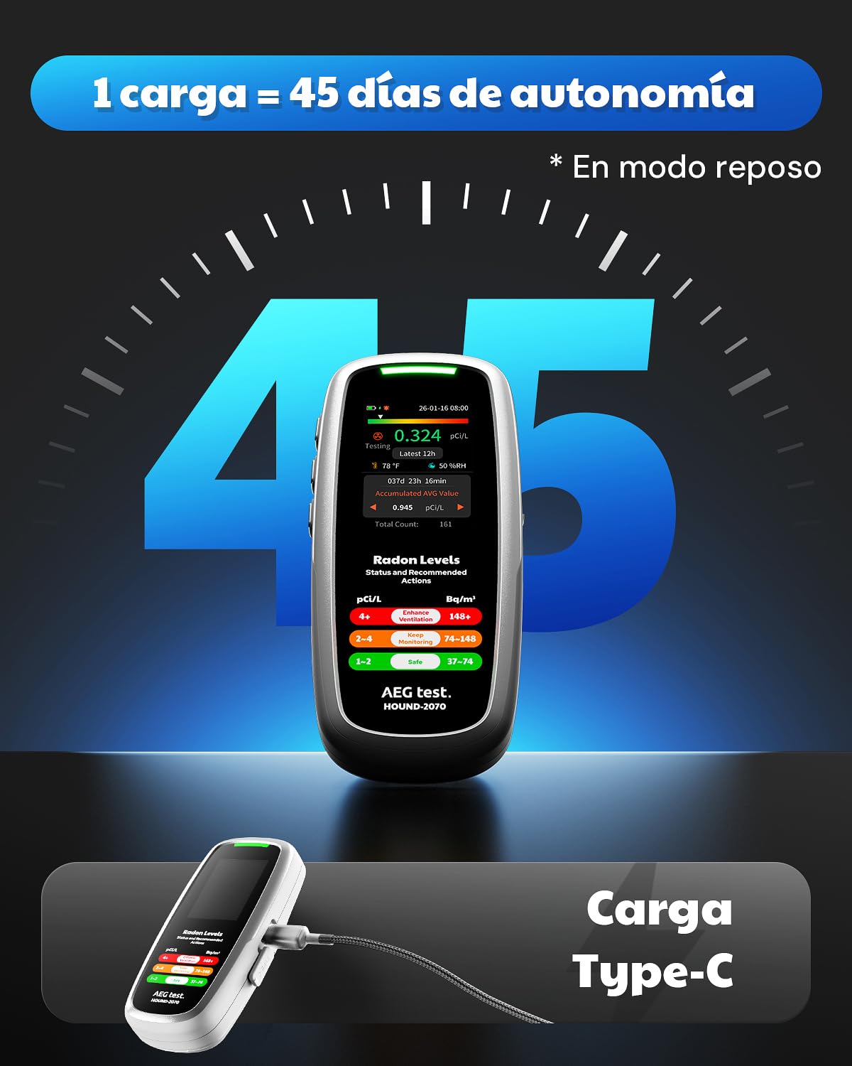 HOUND-2070 Detector de Radón para Hogar, Pantalla de Temperatura y Humedad, 504 Días de Almacenamiento de Datos, Recargable, Analizador de Radón 3-en-1 Portátil para Sótano, pCi/L o Bq/m³