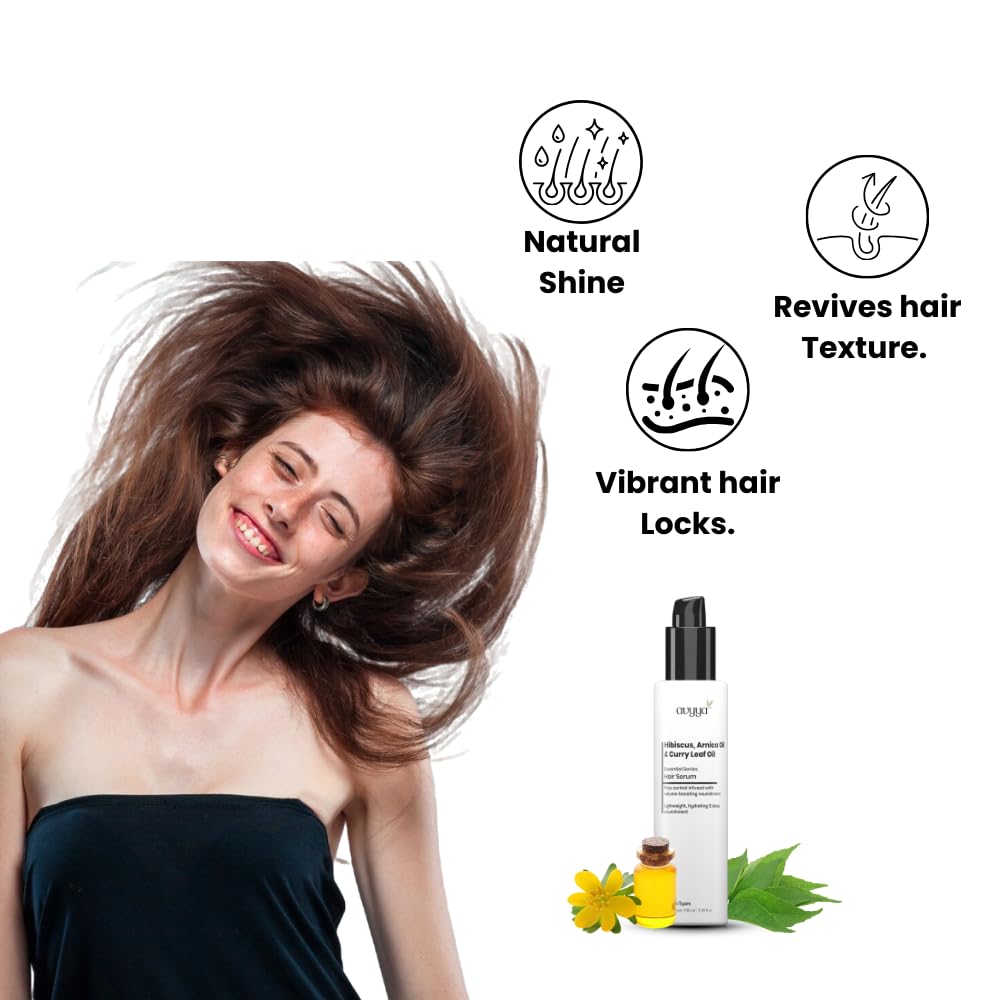 Avyya Hair Serum with Hibiscus and Arnica Oil, Curry Leaf Oil | For Frizzy, Dry and Damaged Hair | Reduces Hair Breakage and Split Ends | For Women and Men | For All Hair Types | 3.38 fl oz