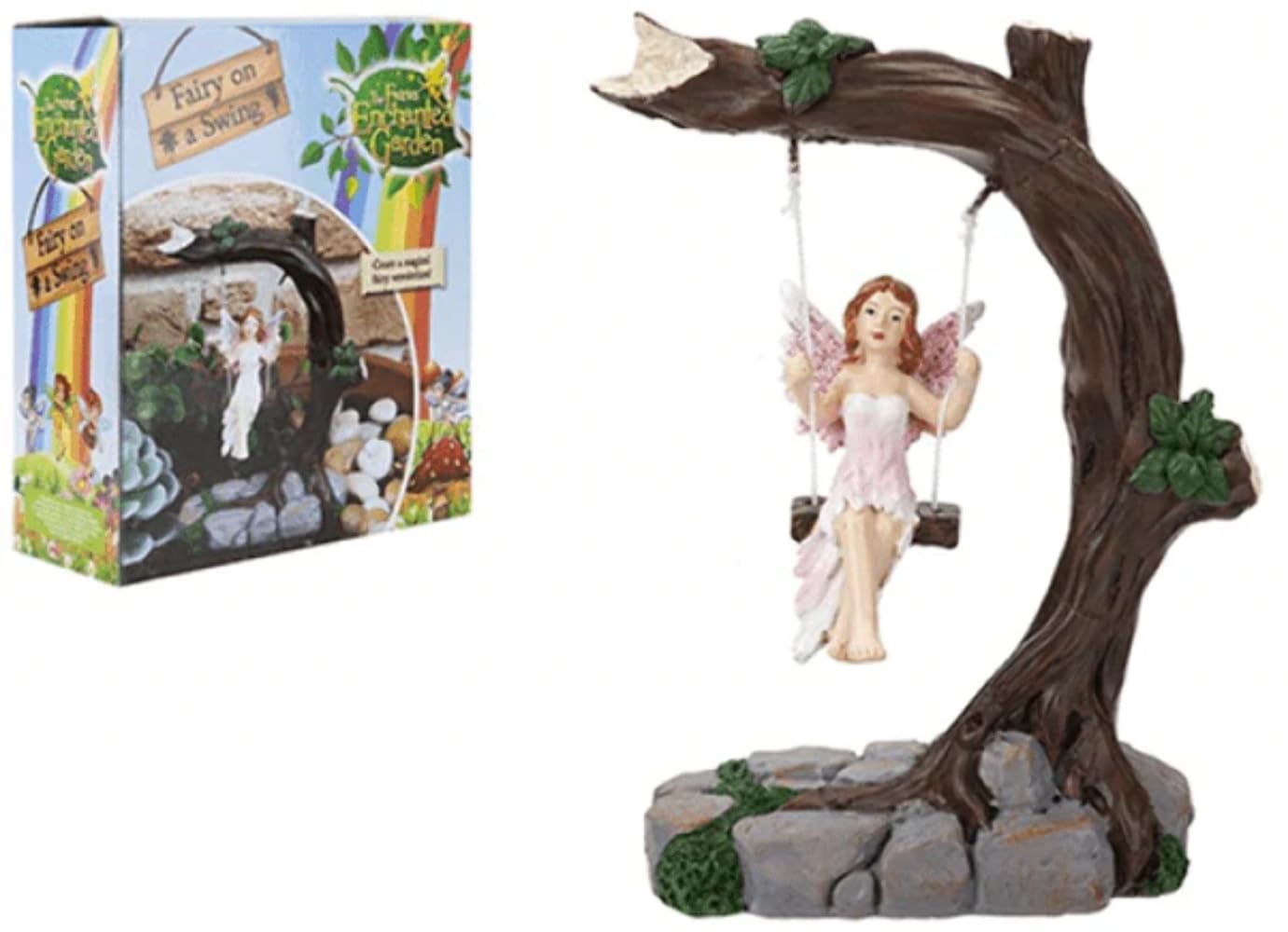 Alt90 Painted Fairy Garden Houses Teapot Boot Palace Pixi Yard Decoration Mushroom Gnomes Wishing Well Bench Miniature Ornament Weatherproof Non-Solar [Fairy On Swing]