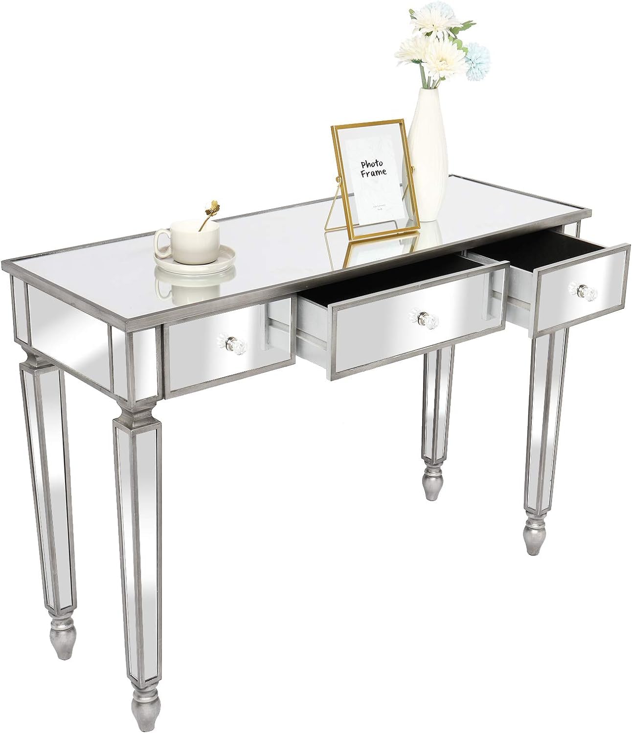 VINGLI Mirrored Vanity Desk with 3 Drawers, Modern Console/Sofa/Makeup Desk for Bedroom/Living Room/Entryway, Silver