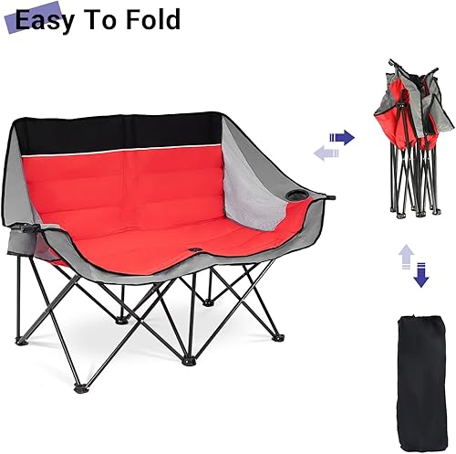 Miniatura 5 de Double Camping Chair Outdoor 2-Seater Oversized 2 Person Portable Folding Lawn Chair with Cup Holders & Mesh Storage Pocket for Picnic, Camping,