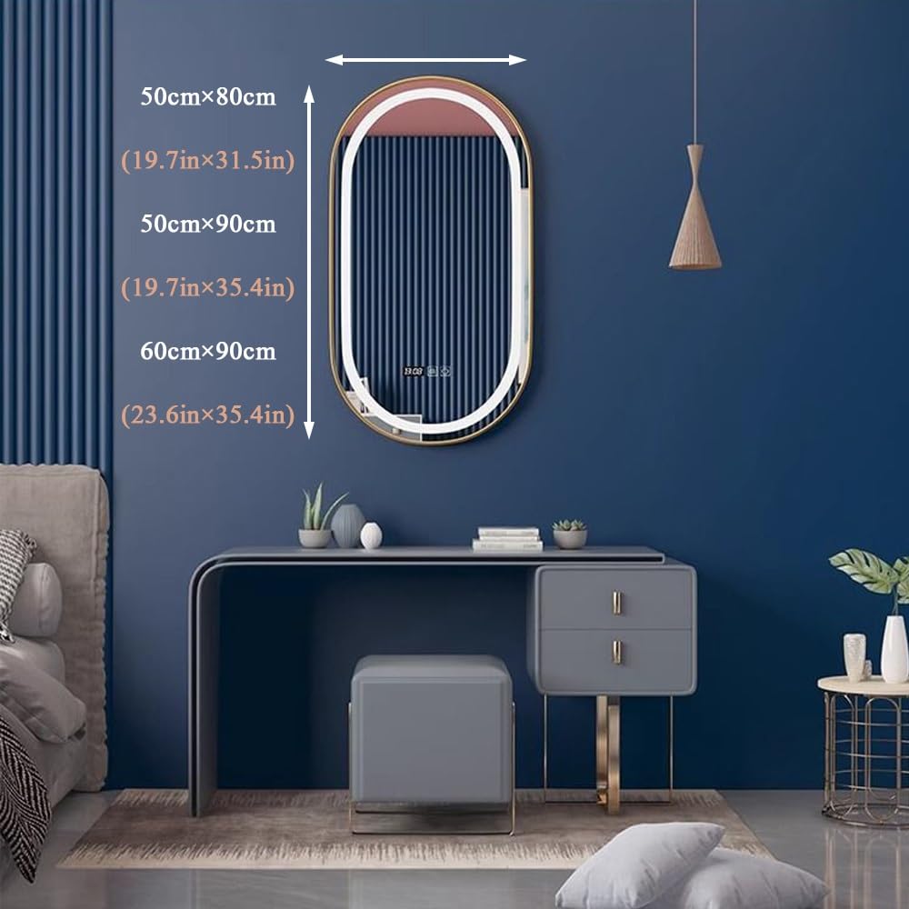 Owalne lustro łazienkowe LED, 3 kolory, bezstopniowe ściemnianie, przeciwmgielne, podświetlane, metalowa rama, montowane na ścianie, lusterko do golenia, czarne, 50 x 80 cm (19,7 x 31,5 cala)