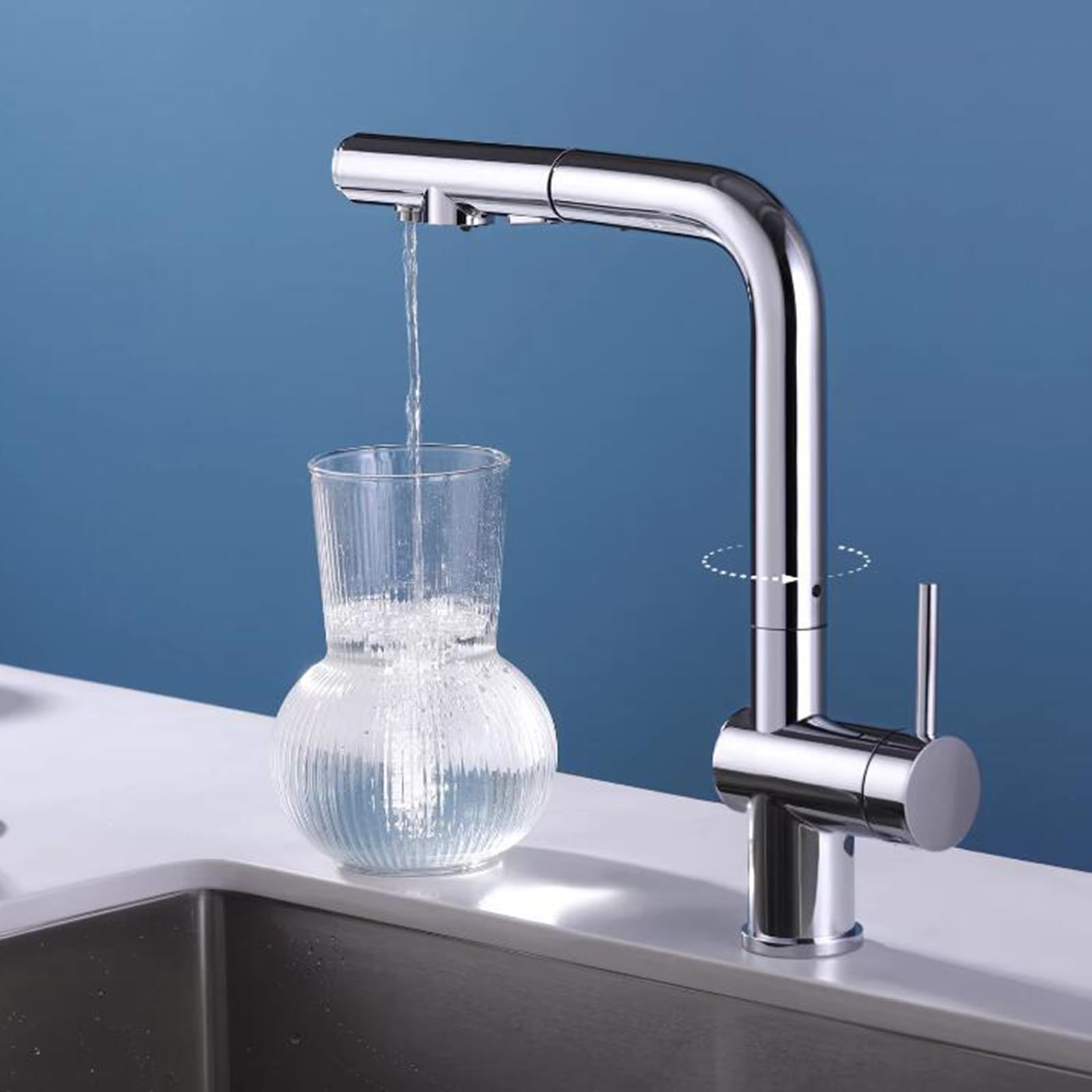 Grifo Mezclador Moderno para Cocina y baño de 3 vías, extraíble, Cromado, con Filtro Giratorio para Fregadero, Acabado en latón y Cromo.
