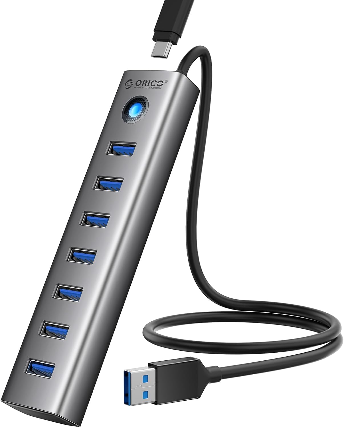ORICO Hub USB 3.0 7 ports, hub USB en aluminium alimenté avec un câble de 50 cm, 7 ports type A 3.0, port d&rsquo;alimentation 5 V 3 A, adaptateur multiport 5 Gbit/s compatible avec PC, MacBook, ordinateur portable, disque U, etc.