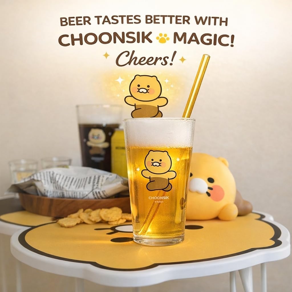 MYTEMS Kakao Choonsik Beer Glass and Soju Shot Glass Set with Bottle Opener, Cute Character Drinkware, 3-Piece Glass Cup Set 춘식이 소주잔 맥주잔 소맥잔 somaek somek somek