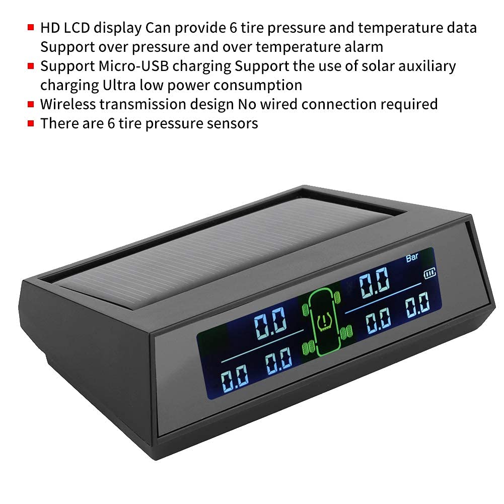 Rilevatore di pressione pneumatici Aramox, di monitoraggio pressione pneumatici DC 5V Rilevatore TPMS ad energia solare con sensore esterno LCD 6 per /camion/SUV di grandi