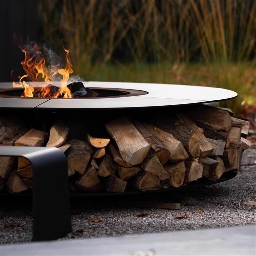 Chimenea al Aire Libre, Hoguera Redonda de Madera con Almacenamiento, Moderna Hoguera de leña de Acero Inoxidable for Patio Exterior, terraza y jardín(80cm)