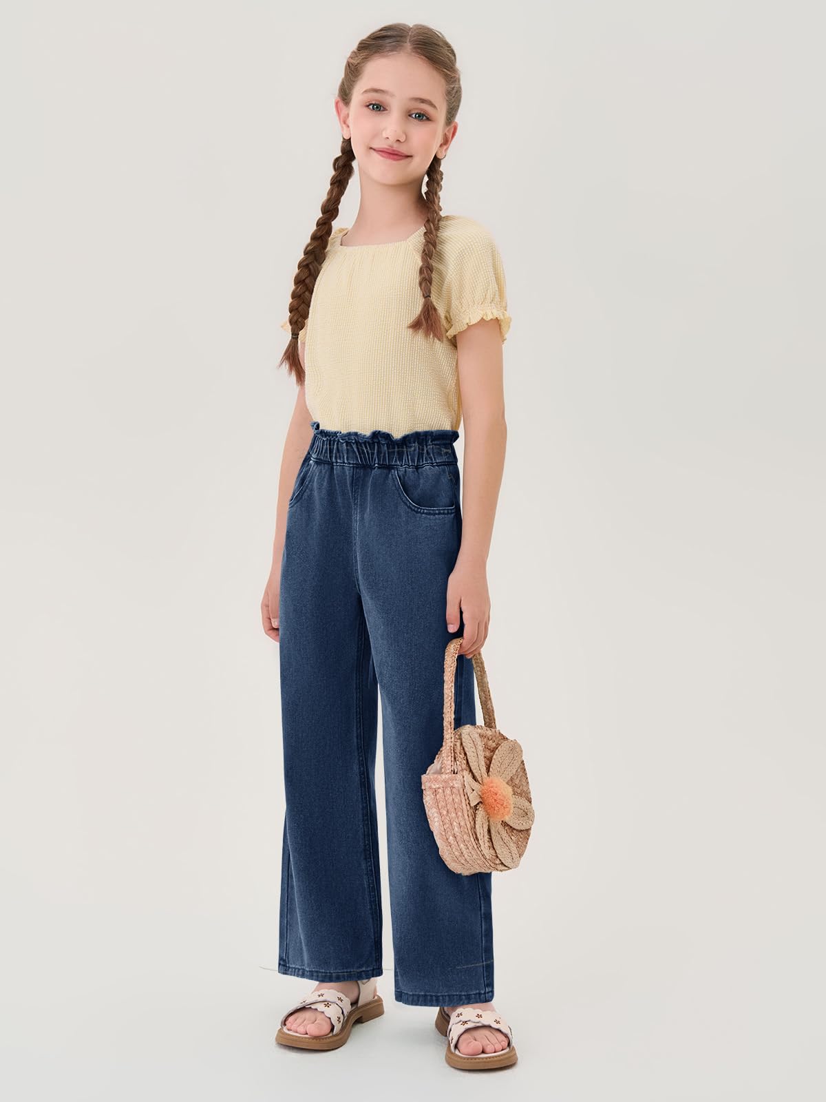 Haloumoning Jeans svasati a gamba larga per ragazze bambini oversize elastico in vita pantaloni con tasche 5-14 anni
