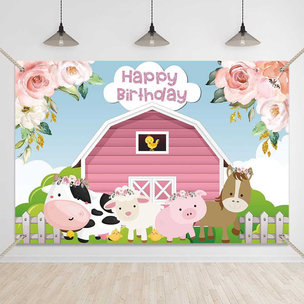 Bellimas Pink Floral Farm Happy Birthday Backdrop Blush Flowers Barn Animals Kids Girls Birthday Party Cowgirl Cow One Banner with Copper Grommets