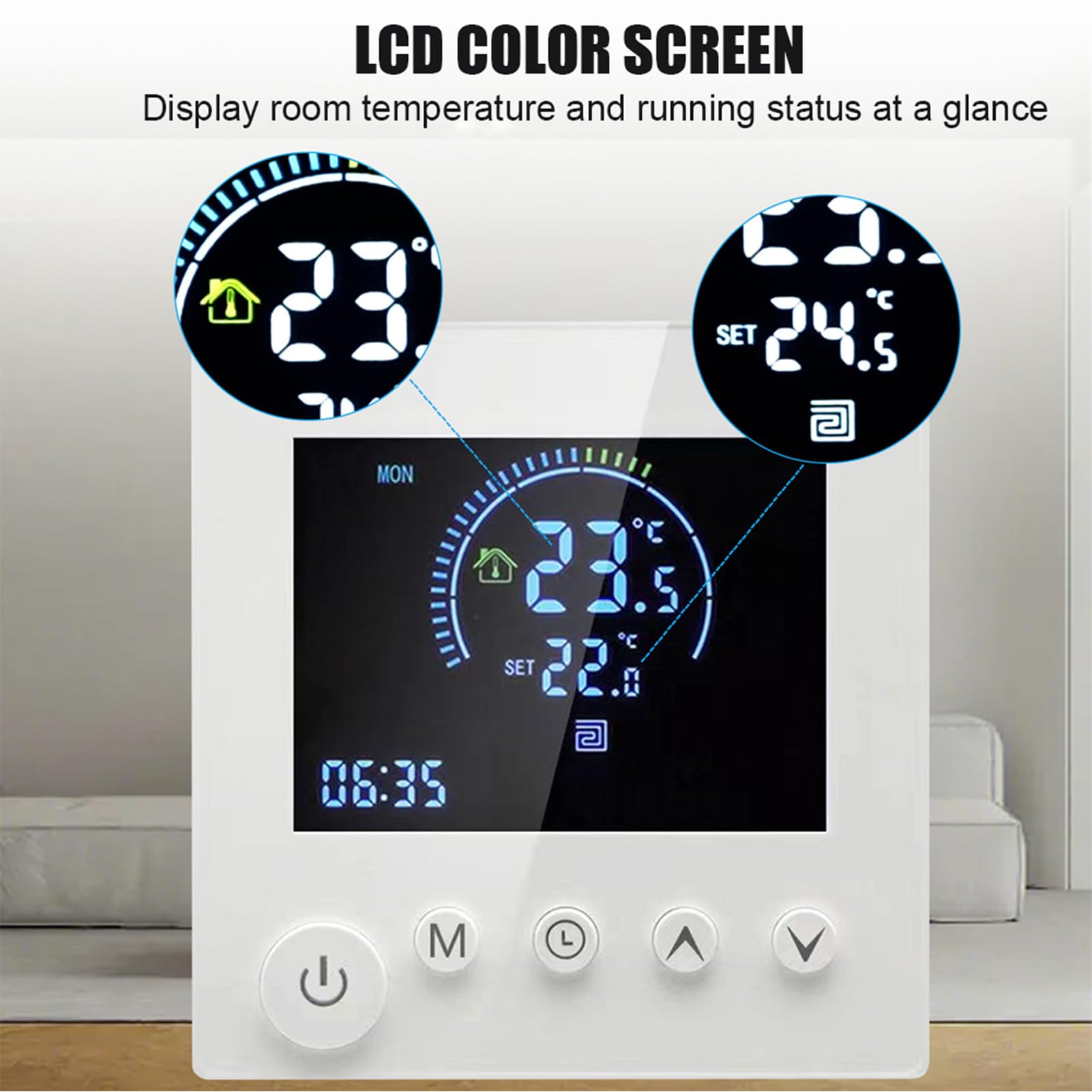Programowalny termostat ścienny Cyfrowy termoregulator z przyciskiem dotykowym LCD do ogrzewania domu Harmonogramowy regulator temperatury 5+2 86 x 86 mm Zakres wyświetlania 0 do (E-1)