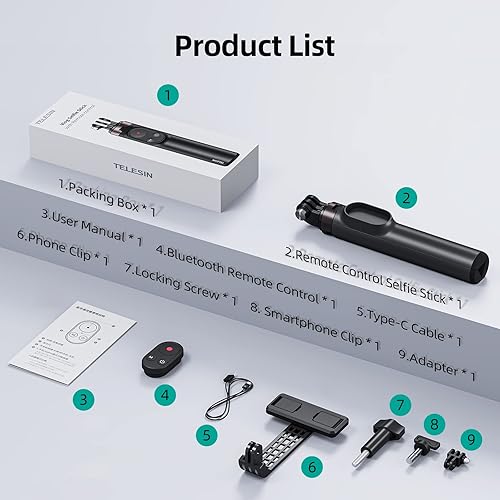 Miniatura 6 de AFAITH Trípode extensible para selfie stick con control remoto para GoPro Hero 13 12 11 10 9 8 MAX y teléfono inteligente, monopod portátil estable