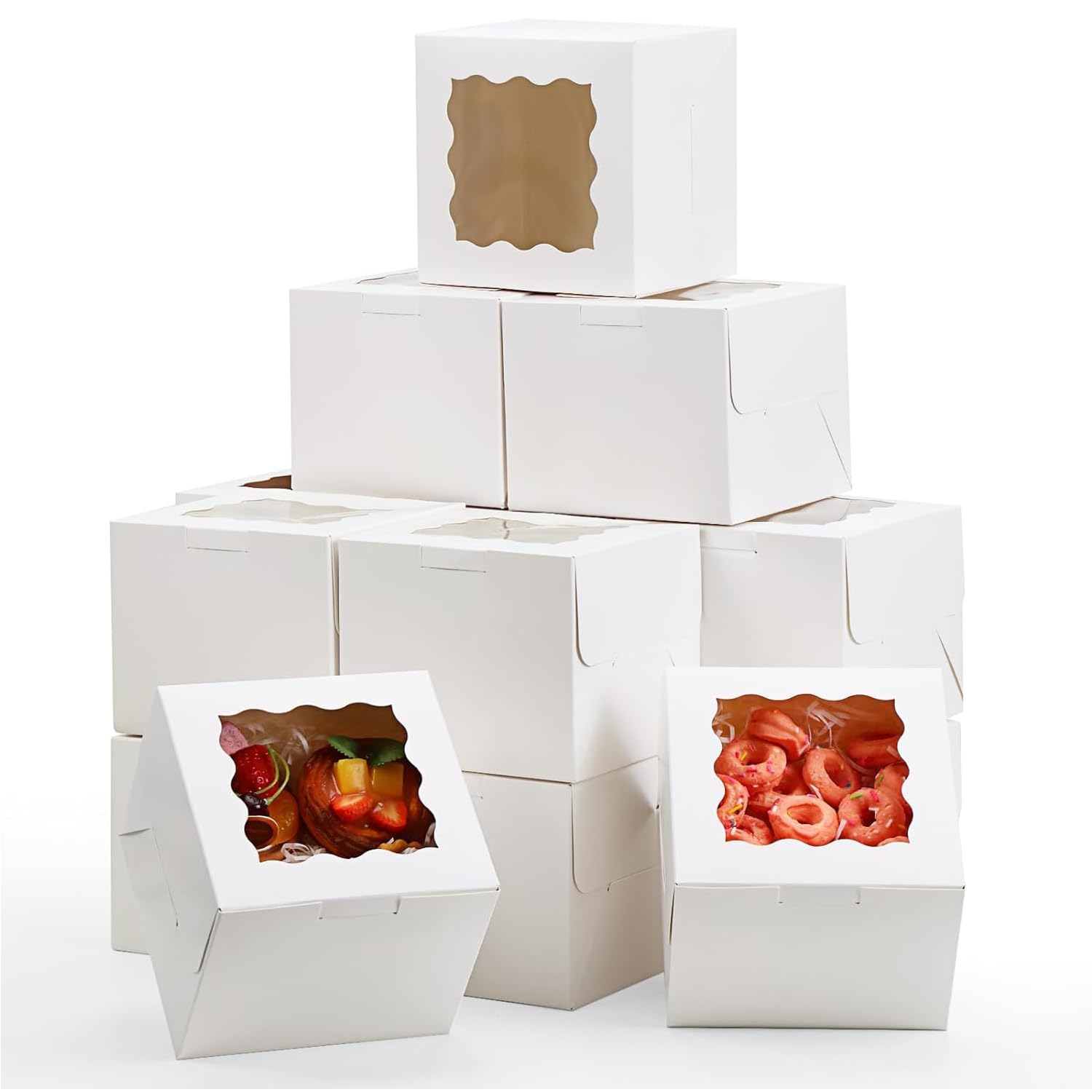 X Spring Bakery Boxes, 30 Pack Paperboard Treat Boxes with Window, Mini Cupcake Boxes, White Mini Cupcake Carriers Treat Containers for Dessert, Mother's Day, Valentine's Day, 10.2 x 10.2 x 6.7 cm