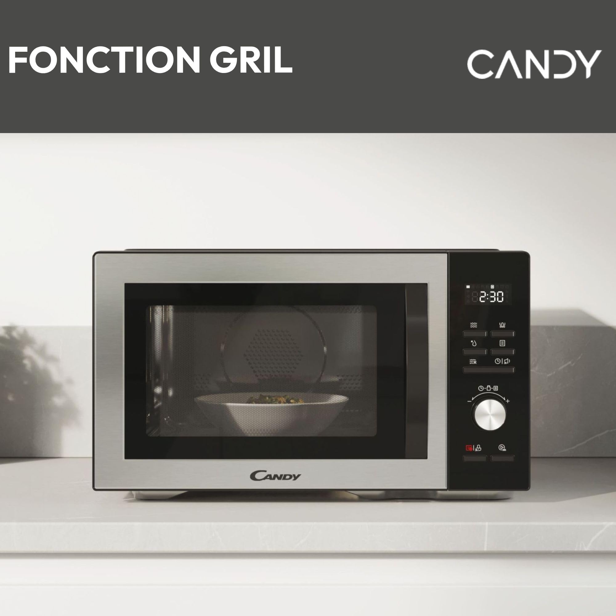 Candy CMGA31EDLB Four Micro-ondes, Gril Quartz 1000W, Grande Capacité 31L, Recettes Automatiques, Fonction Gril, Nettoyage Auto, Programmateur digital, Fonction décongélation, Noir Silver