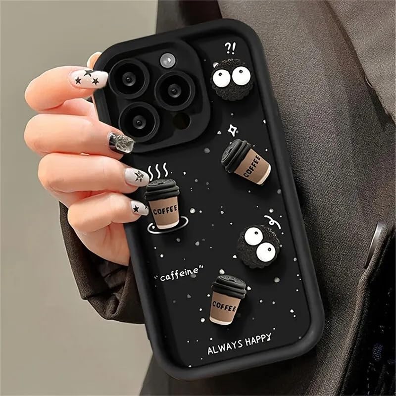 Image of COVERLY Back Case Cover Compatible with iPhone 15 Pro Max | Cute Fun Cartoon Characters 3D Ball Coffee Cookies Silicone Case | Body Protection | 360 Camera Protection | Shock Proof | (Happy Black)